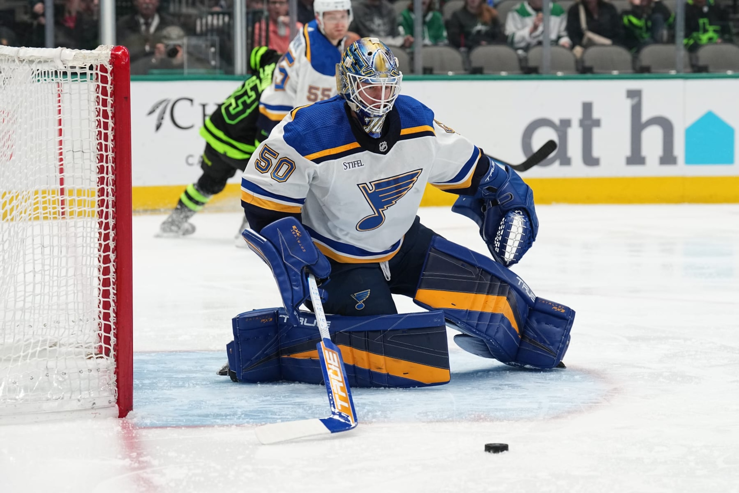 DALLAS, TX - APRIL 13: Jordan Binnington #50 of the St. Louis Blues tends goal against the Dallas Stars at the American Airlines Center on April 13, 2023 in Dallas, Texas. (Photo by Glenn James/NHLI via Getty Images) DALLAS, TX - APRIL 13: Jordan Binnington #50 of the St. Louis Blues tends goal against the Dallas Stars at the American Airlines Center on April 13, 2023 in Dallas, Texas. (Photo by Glenn James/NHLI via Getty Images)