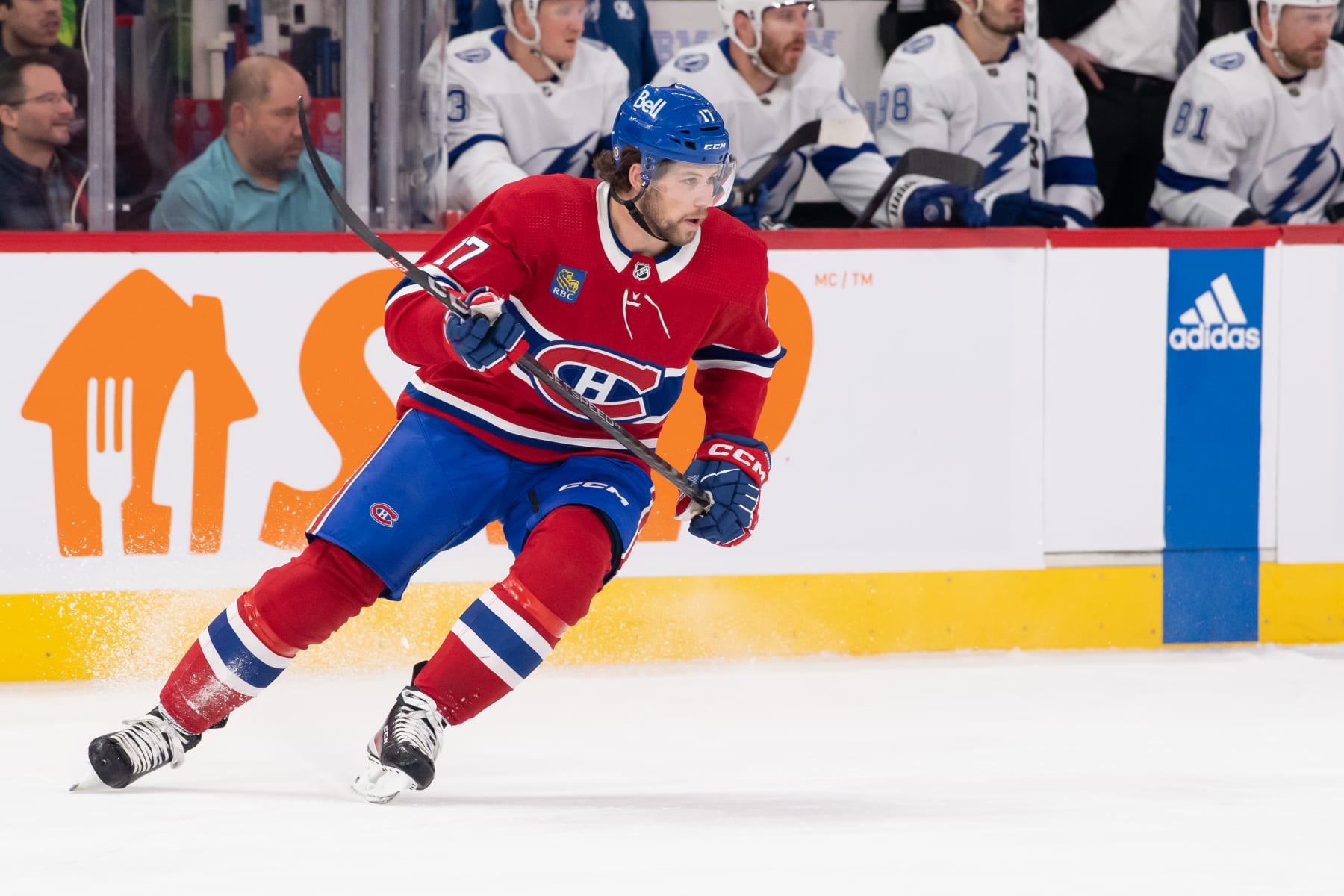 MONTREAL, CANADA - MARCH 21: Josh Anderson #17 of the Montreal Canadiens skates against the Tampa Bay Lightning during the first period in the NHL game at the Centre Bell on March 21, 2023 in Montreal, Quebec, Canada. (Photo by Francois Lacasse/NHLI via Getty Images)