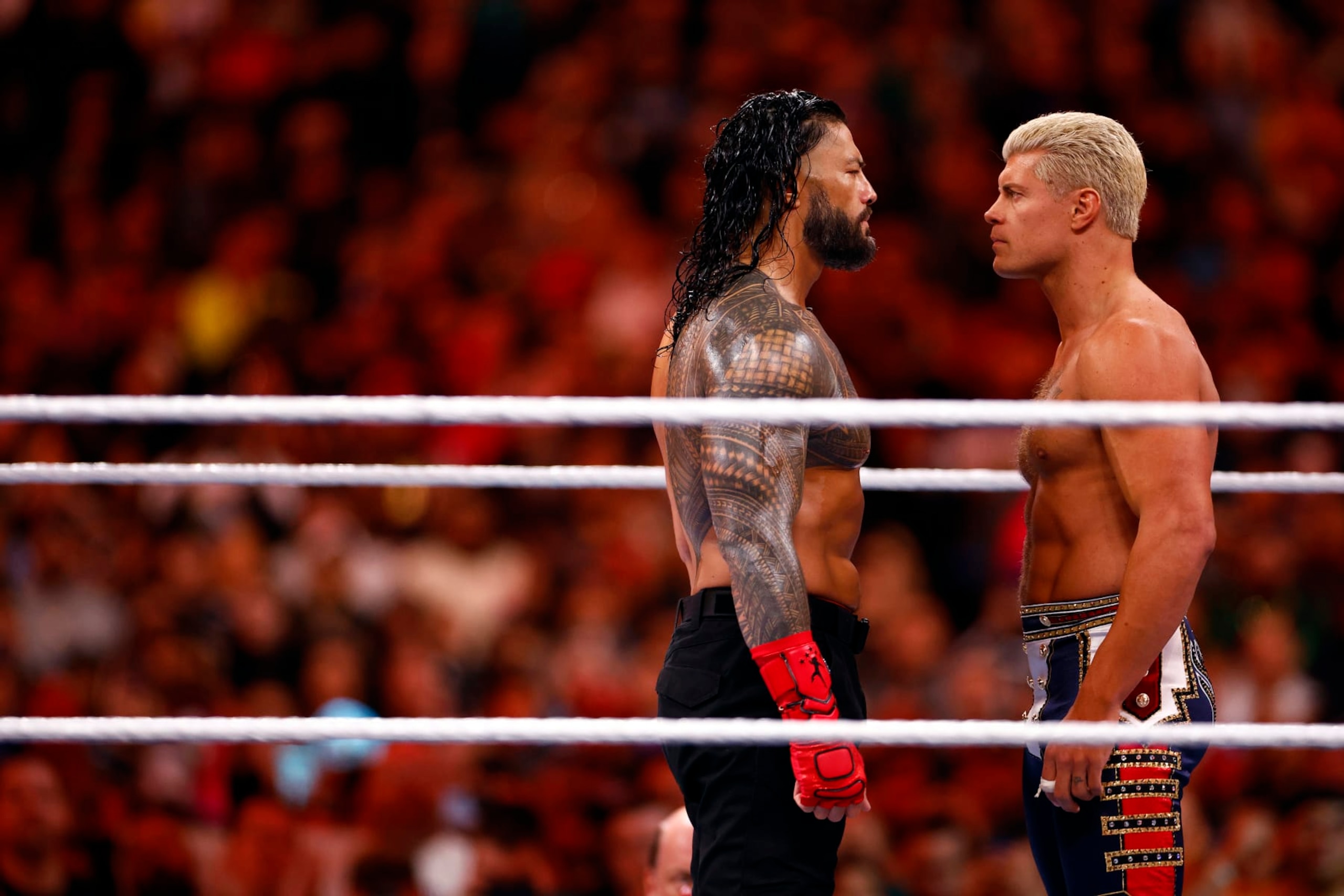 INGLEWOOD, CALIFORNIA - APRIL 02:  (L-R) Roman Reigns wrestles Cody Rhodes for Undisputed WWE Universal Title Match during WrestleMania Goes Hollywood at SoFi Stadium on April 02, 2023 in Inglewood, California.  (Photo by Ronald Martinez/Getty Images)