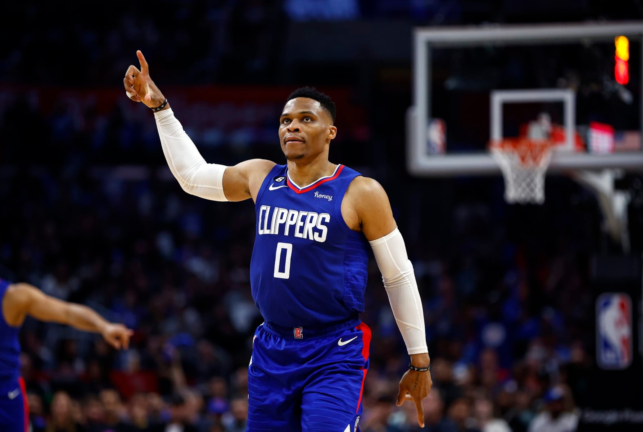 LOS ANGELES, CALIFORNIA - APRIL 20:   Russell Westbrook #0 of the LA Clippers reacts against the Phoenix Suns in the first half of Game Three of the Western Conference First Round Playoffs at Crypto.com Arena on April 20, 2023 in Los Angeles, California.  NOTE TO USER: User expressly acknowledges and agrees that, by downloading and/or using this photograph, user is consenting to the terms and conditions of the Getty Images License Agreement.  (Photo by Ronald Martinez/Getty Images)