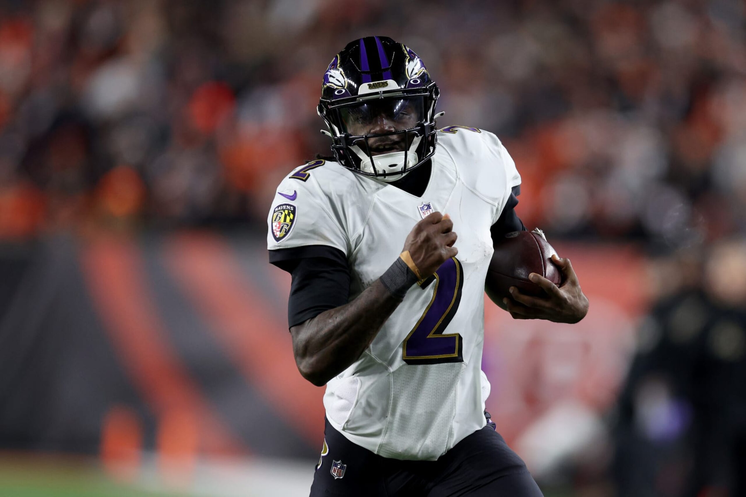CINCINNATI, OHIO - JANUARY 15: Quarterback Tyler Huntley #2 of the Baltimore Ravens runs with the ball against the Cincinnati Bengals during the AFC Wild Card playoff game at Paycor Stadium on January 15, 2023 in Cincinnati, Ohio. (Photo by Rob Carr/Getty Images)