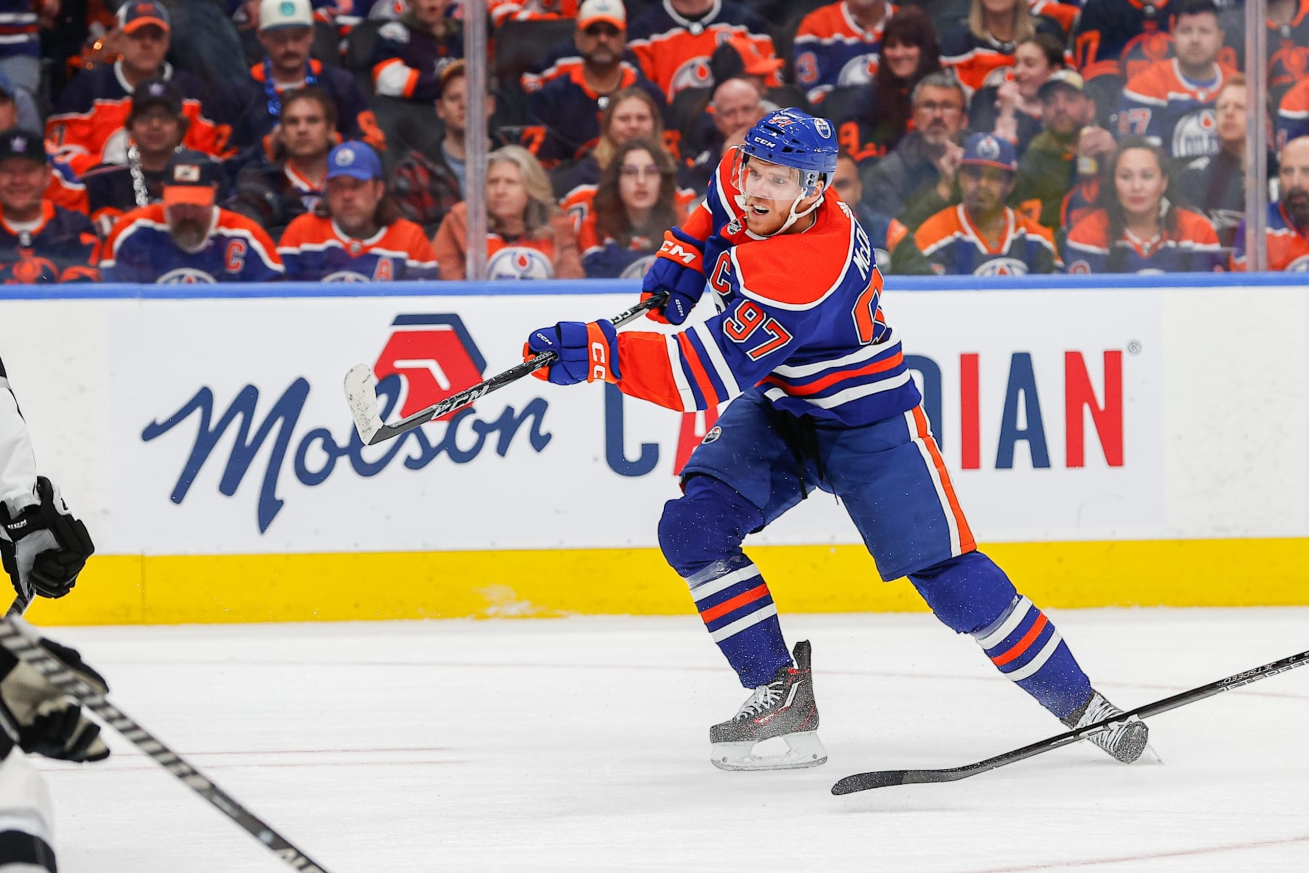 EDMONTON, AB - APRIL 19: Edmonton Oilers Center Connor McDavid (97) takes a shot on the power play in the first period of game two in the Western Conference First Round of the Edmonton Oilers versus the Los Angeles Kings on April 19, 2023 at Rogers Place in Edmonton, AB. (Photo by Curtis Comeau/Icon Sportswire via Getty Images)