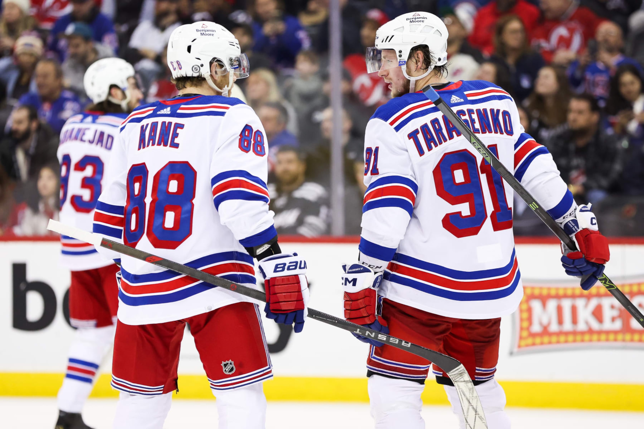 NEWARK, NJ - MARCH 30: New York Rangers right wing Patrick Kane (88) and New York Rangers right wing Vladimir Tarasenko (91) chat before a face-off during the National Hockey League game between the New York Rangers and the New Jersey Devils on March 30, 2023 at Prudential Center in Newark, NJ. (Photo by Andrew Mordzynski/Icon Sportswire via Getty Images)