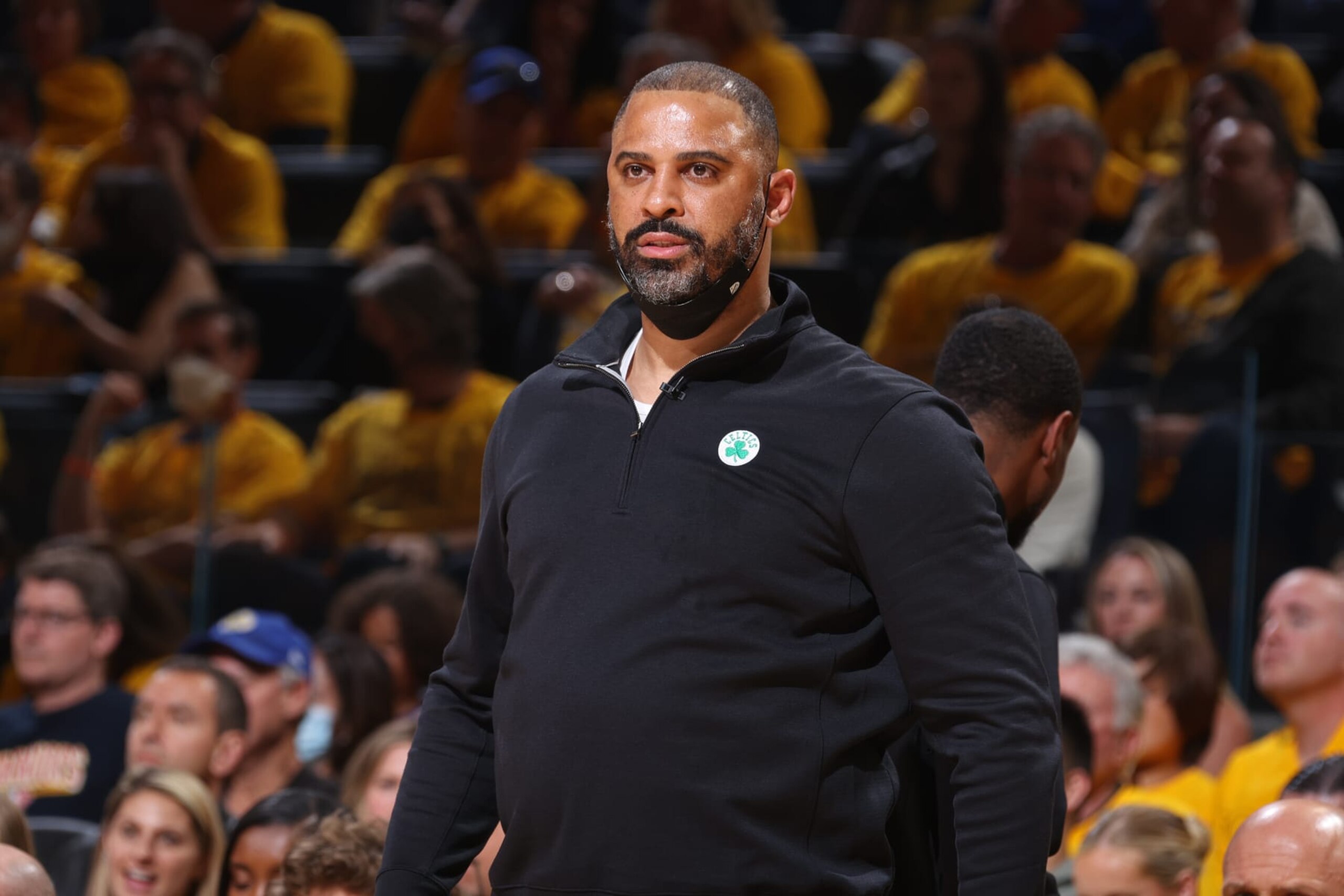 SAN FRANCISCO, CA - JUNE 5: Head Coach Ime Udoka of the Boston Celtics looks on during Game Two of the 2022 NBA Finals on June 5, 2022 at Chase Center in San Francisco, California. NOTE TO USER: User expressly acknowledges and agrees that, by downloading and or using this photograph, user is consenting to the terms and conditions of Getty Images License Agreement. Mandatory Copyright Notice: Copyright 2022 NBAE (Photo by Nathaniel S. Butler/NBAE via Getty Images) SAN FRANCISCO, CA - JUNE 5: Head Coach Ime Udoka of the Boston Celtics looks on during Game Two of the 2022 NBA Finals on June 5, 2022 at Chase Center in San Francisco, California. NOTE TO USER: User expressly acknowledges and agrees that, by downloading and or using this photograph, user is consenting to the terms and conditions of Getty Images License Agreement. Mandatory Copyright Notice: Copyright 2022 NBAE (Photo by Nathaniel S. Butler/NBAE via Getty Images)