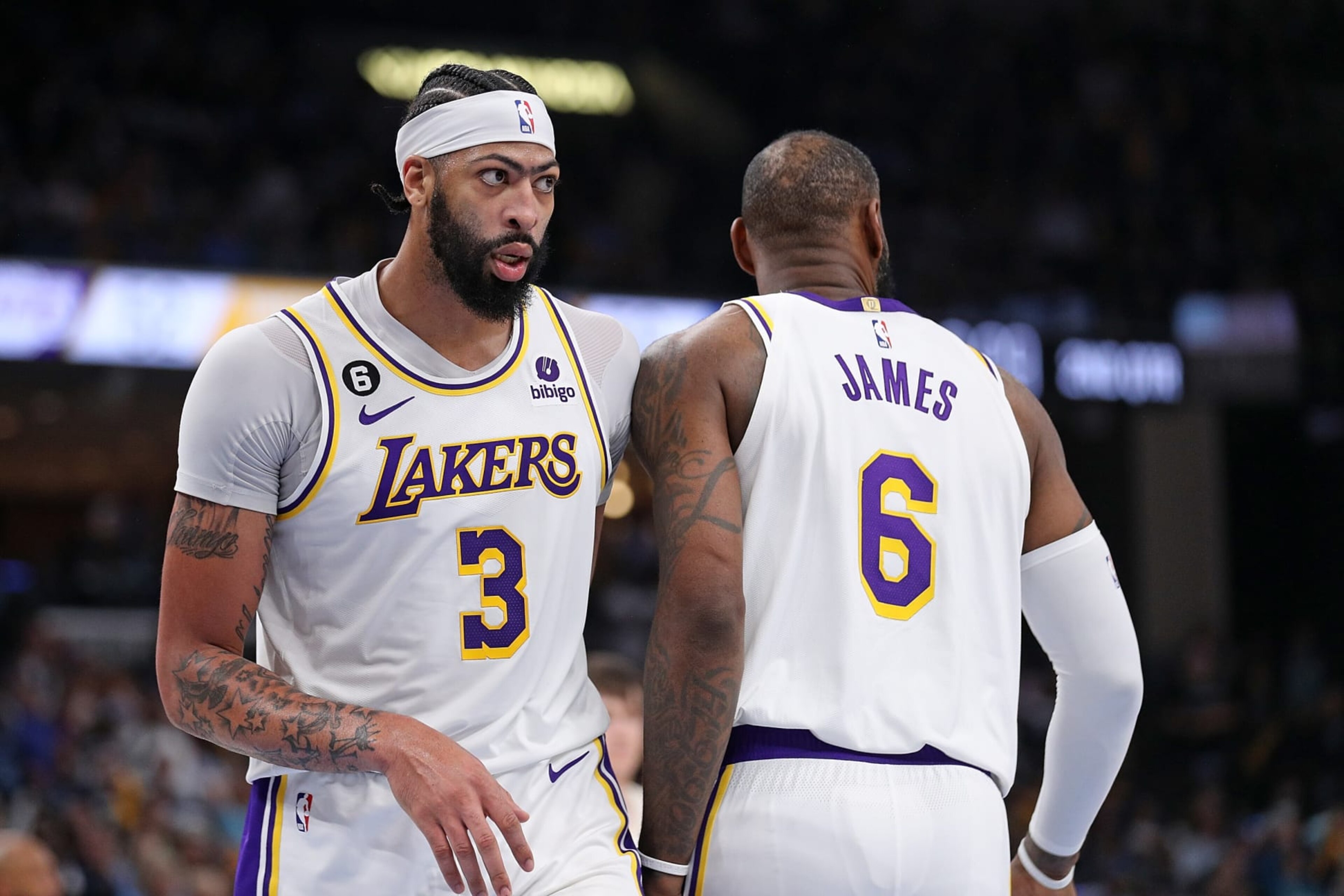 MEMPHIS, TENNESSEE - APRIL 16: Anthony Davis #3 of the Los Angeles Lakers and LeBron James #6 of the Los Angeles Lakers during the game against the Memphis Grizzlies during Game One of the Western Conference First Round Playoffs at FedExForum on April 16, 2023 in Memphis, Tennessee. NOTE TO USER: User expressly acknowledges and agrees that, by downloading and or using this photograph, User is consenting to the terms and conditions of the Getty Images License Agreement.  (Photo by Justin Ford/Getty Images)
