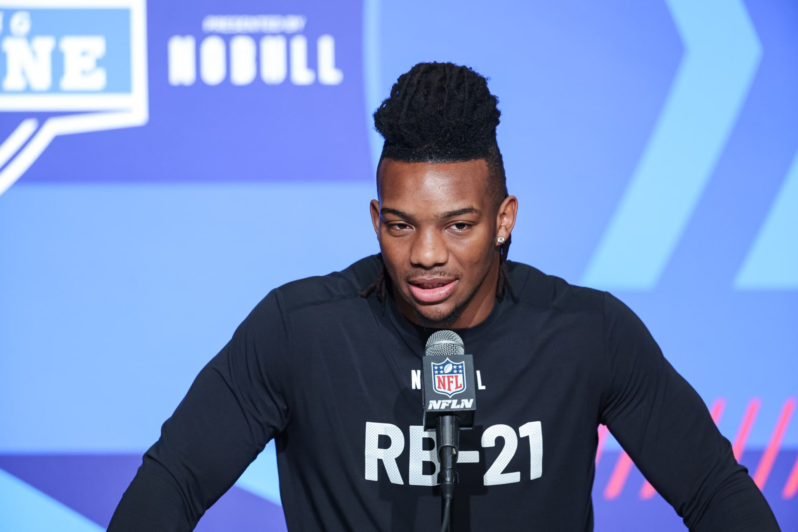 INDIANAPOLIS, IN - MARCH 04: Running back Bijan Robinson of Texas speaks to the media during the NFL Combine at Lucas Oil Stadium on March 4, 2023 in Indianapolis, Indiana. (Photo by Michael Hickey/Getty Images)