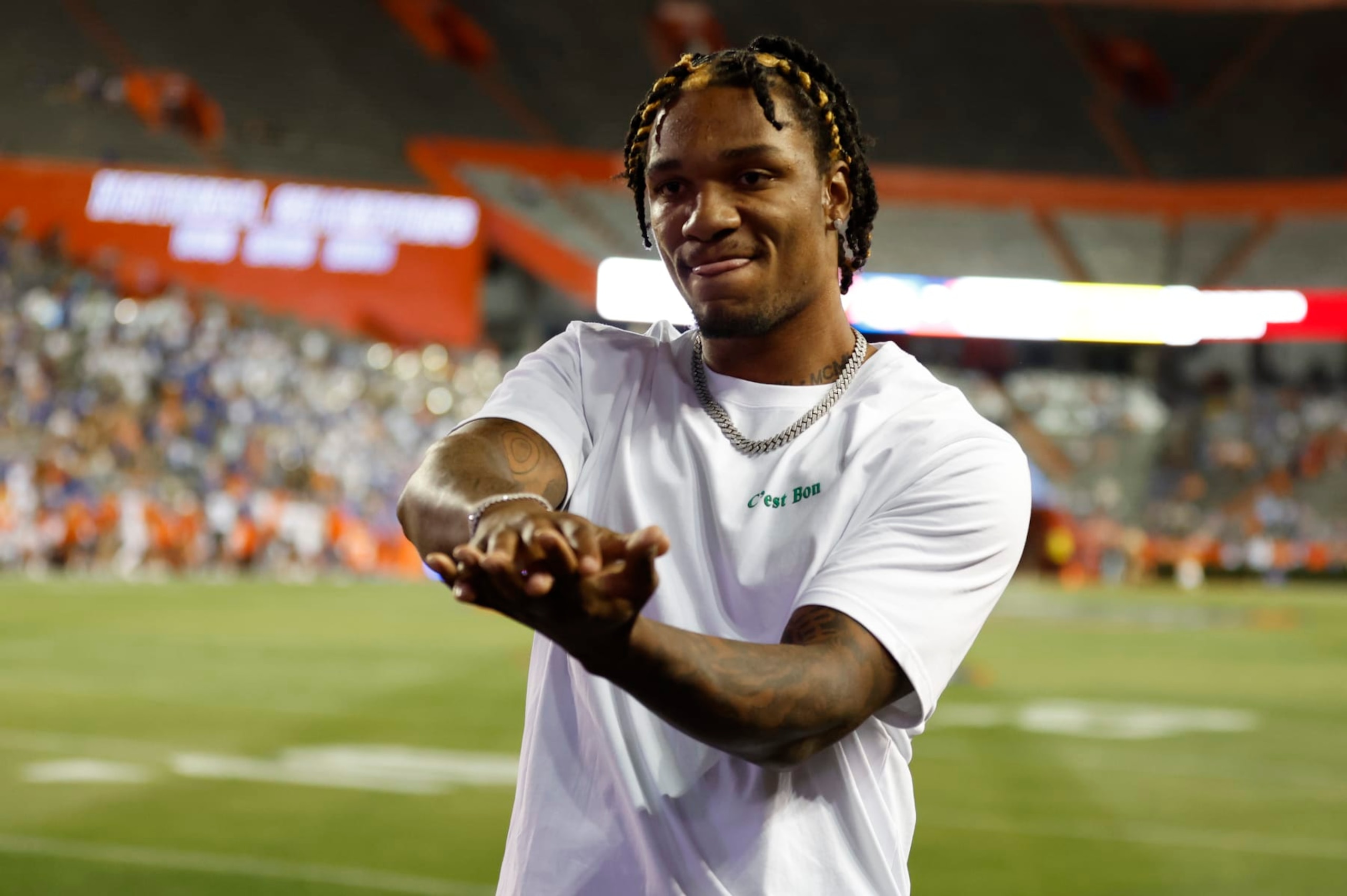 GAINESVILLE, FL - APRIL 13: Former Florida Gators quarterback Anthony Richardson looks on during the Florida Gators Orange and Blue Game on April 13, 2023 at Ben Hill Griffin Stadium at Florida Field in Gainesville, Fl. (Photo by David Rosenblum/Icon Sportswire via Getty Images)