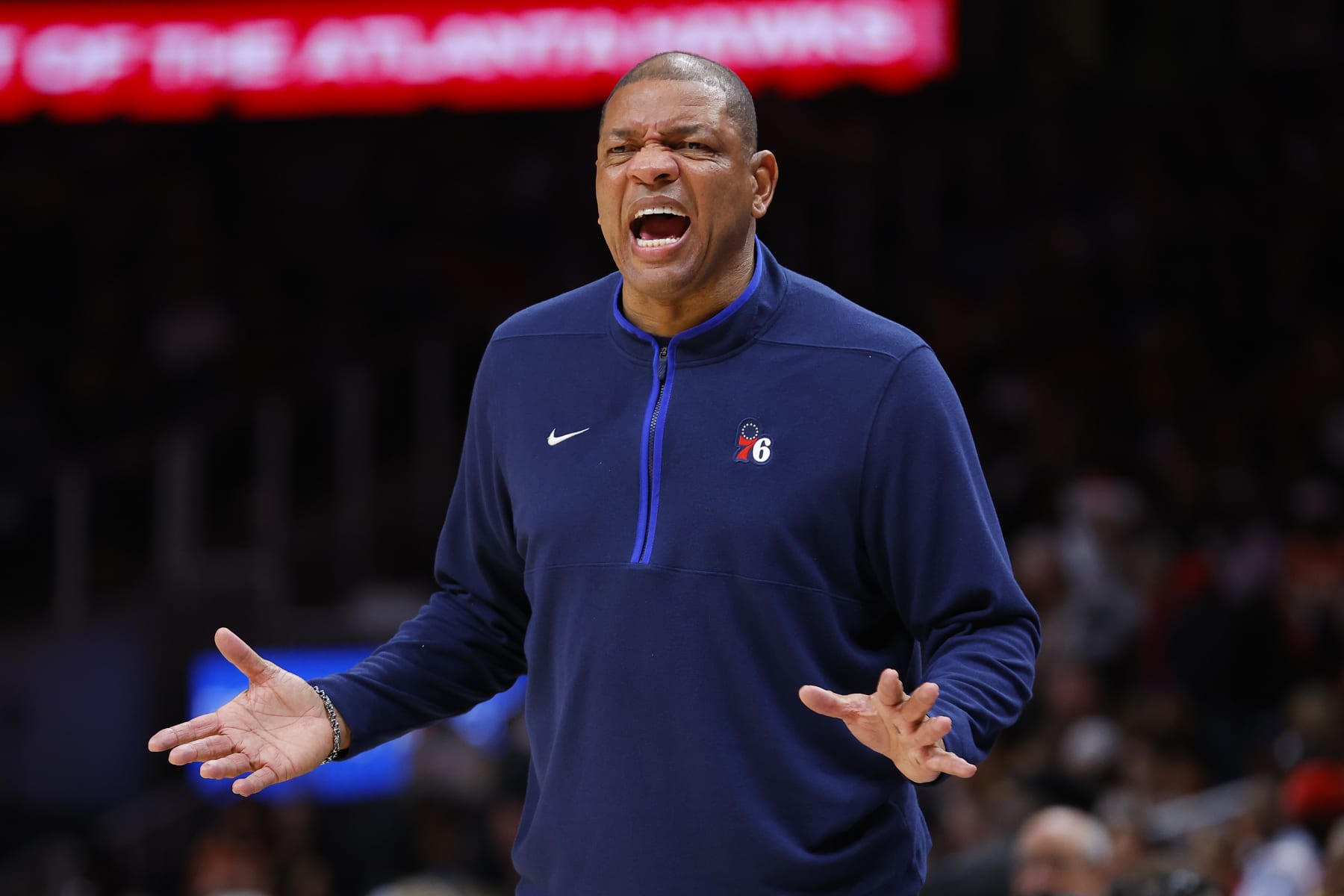 ATLANTA, GA - APRIL 07: Head coach Doc Rivers of the Philadelphia 76ers reacts during the first half against the Atlanta Hawks at State Farm Arena on April 7, 2023 in Atlanta, Georgia. NOTE TO USER: User expressly acknowledges and agrees that, by downloading and or using this photograph, User is consenting to the terms and conditions of the Getty Images License Agreement. (Photo by Todd Kirkland/Getty Images)