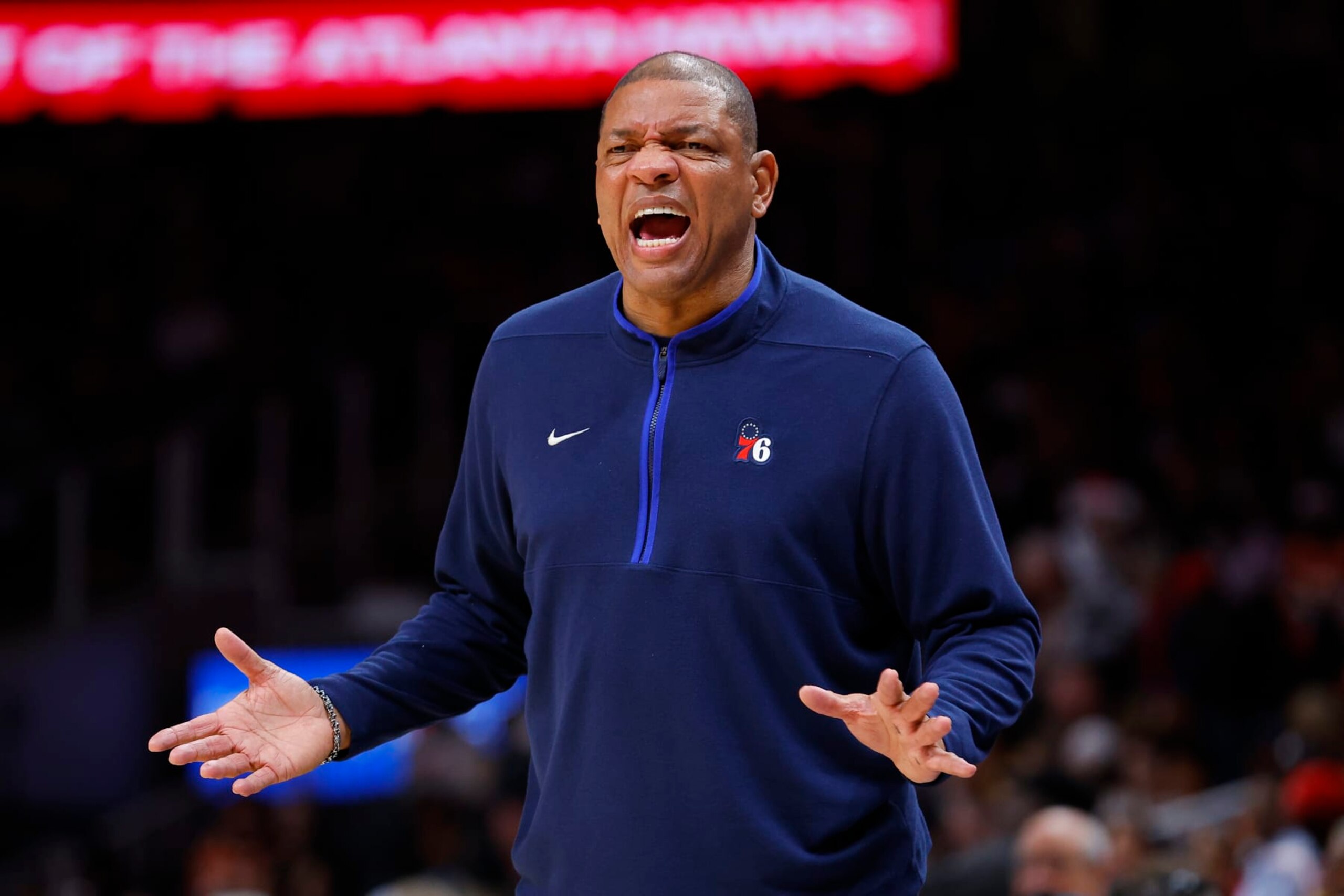 ATLANTA, GA - APRIL 07: Head coach Doc Rivers of the Philadelphia 76ers reacts during the first half against the Atlanta Hawks at State Farm Arena on April 7, 2023 in Atlanta, Georgia. NOTE TO USER: User expressly acknowledges and agrees that, by downloading and or using this photograph, User is consenting to the terms and conditions of the Getty Images License Agreement. (Photo by Todd Kirkland/Getty Images)