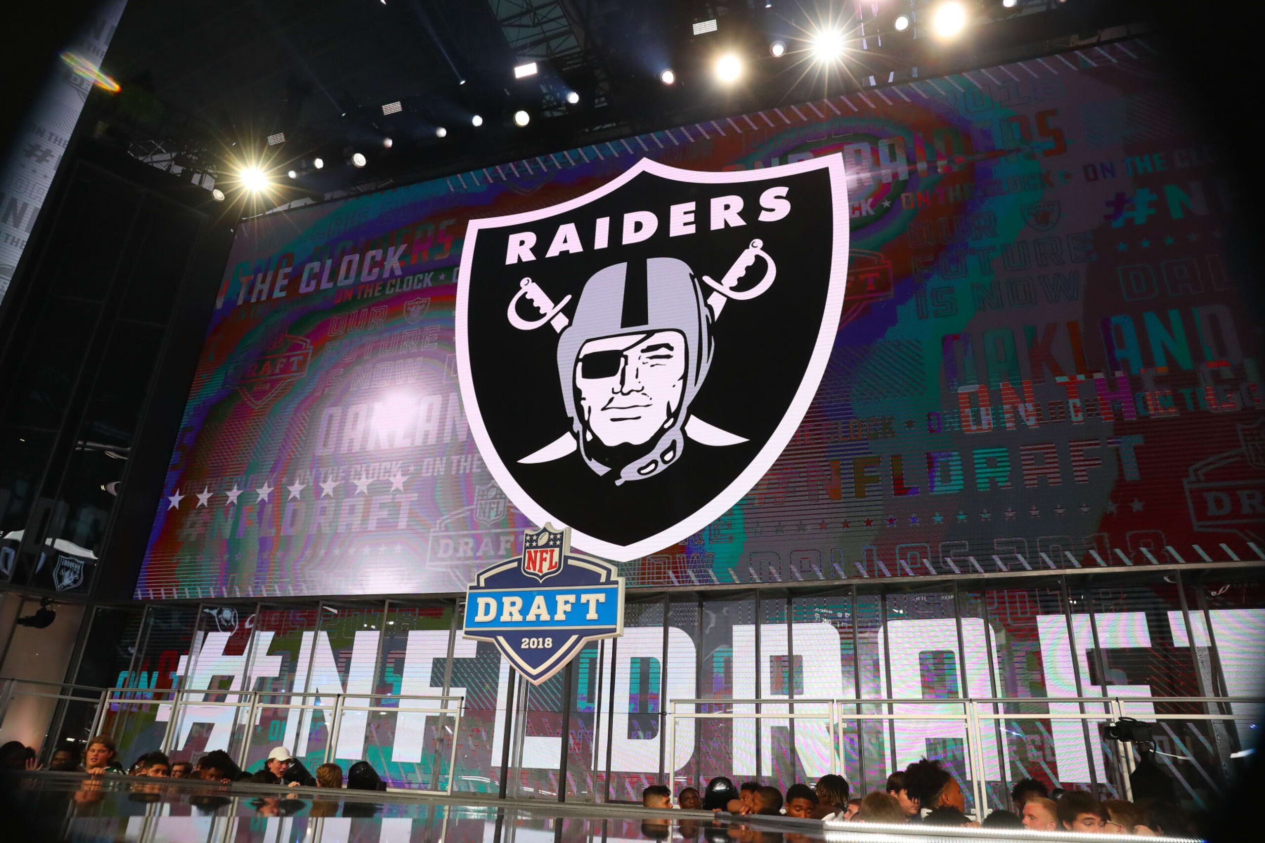 ARLINGTON, TX - APRIL 26: The Los Angeles Raiders logo on the video board during the first round at the 2018 NFL Draft at AT&T Stadium on April 26, 2018 at AT&T Stadium in Arlington Texas. (Photo by Rich Graessle/Icon Sportswire via Getty Images) ARLINGTON, TX - APRIL 26: The Los Angeles Raiders logo on the video board during the first round at the 2018 NFL Draft at AT&T Stadium on April 26, 2018 at AT&T Stadium in Arlington Texas. (Photo by Rich Graessle/Icon Sportswire via Getty Images)