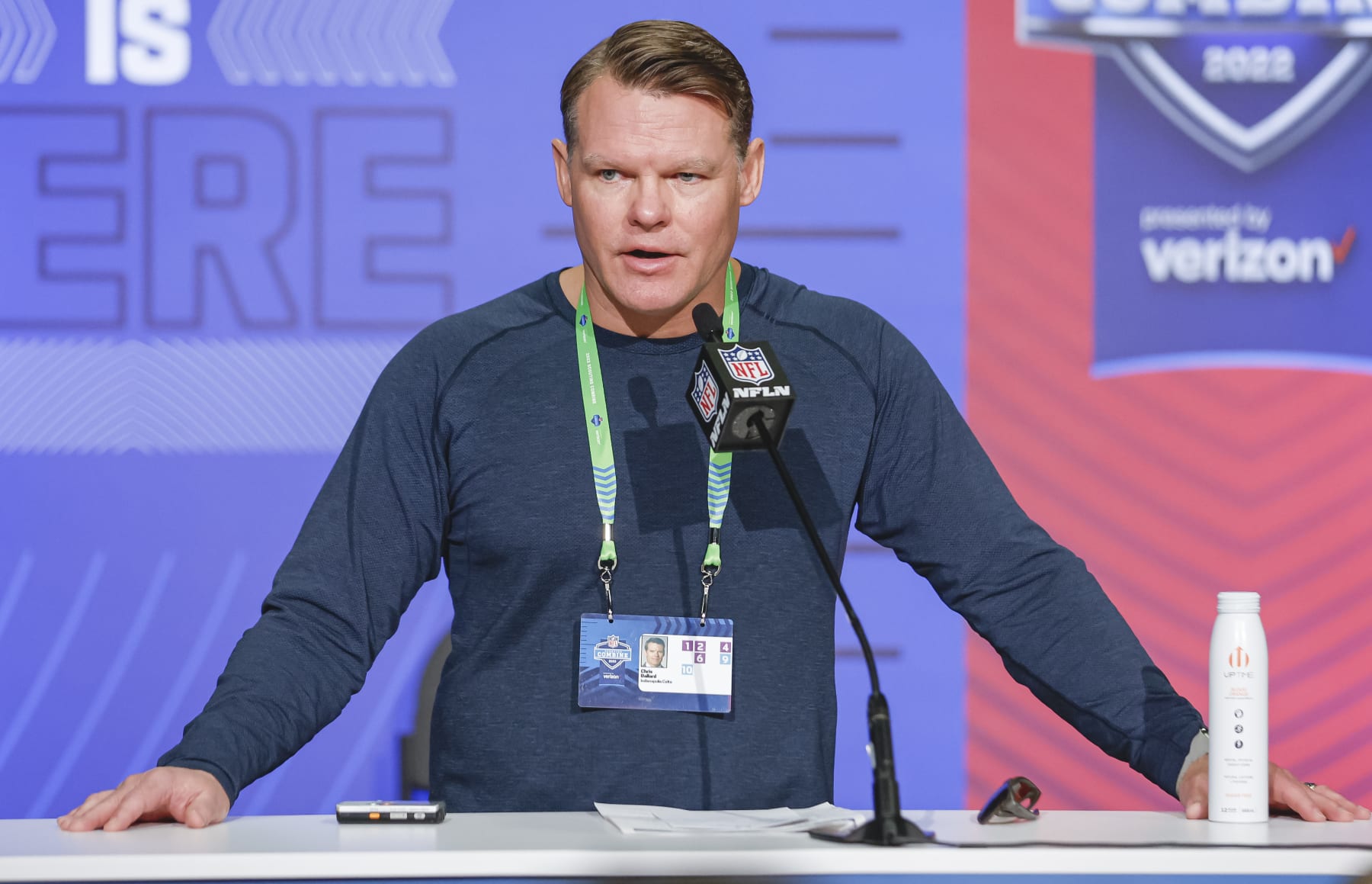 INDIANAPOLIS, IN - MAR 01: Chris Ballard, general manager of the Indianapolis Colts speaks to reporters during the NFL Draft Combine at the Indiana Convention Center on March 1, 2022 in Indianapolis, Indiana. (Photo by Michael Hickey/Getty Images)
