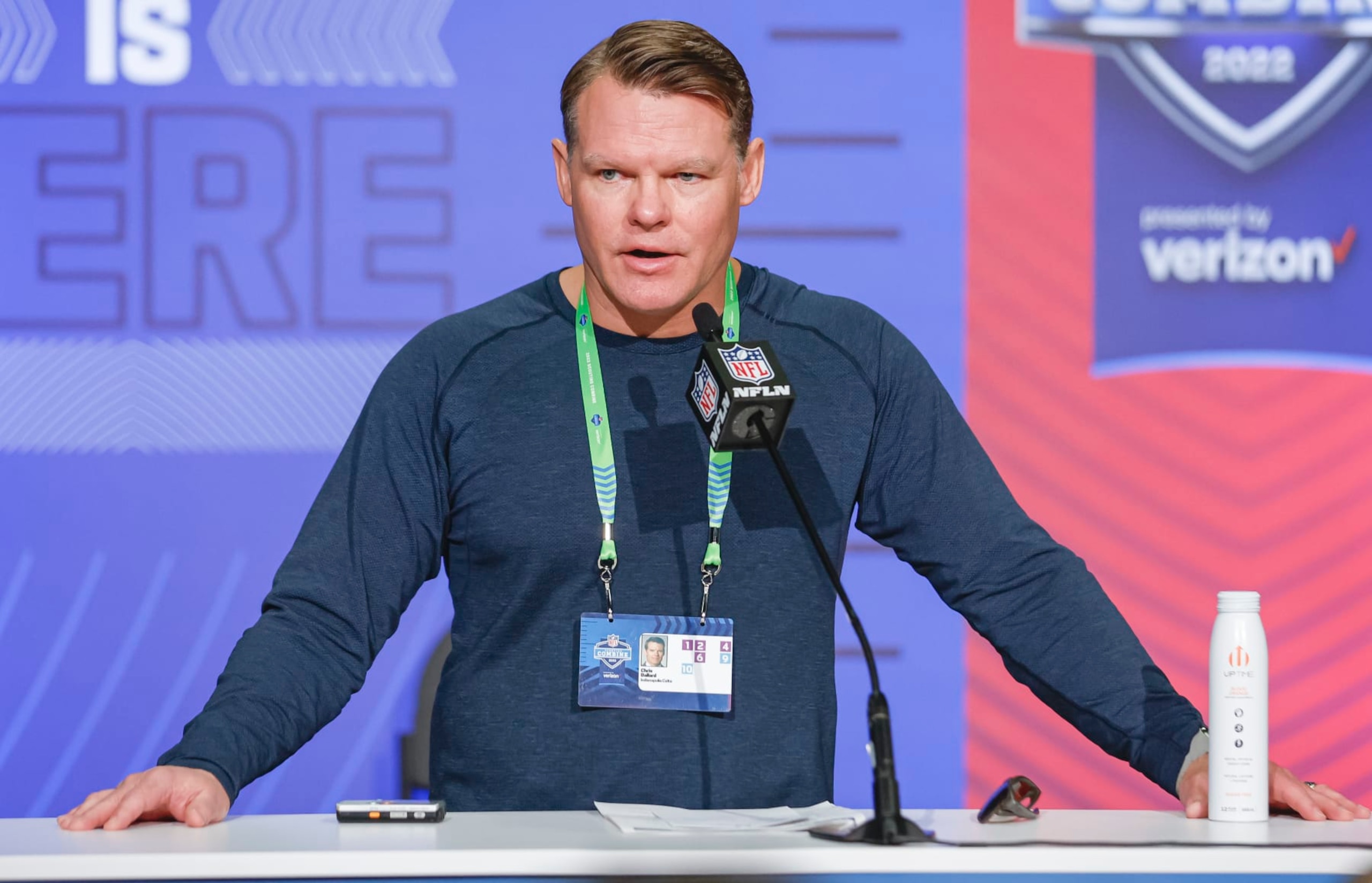 INDIANAPOLIS, IN - MAR 01: Chris Ballard, general manager of the Indianapolis Colts speaks to reporters during the NFL Draft Combine at the Indiana Convention Center on March 1, 2022 in Indianapolis, Indiana. (Photo by Michael Hickey/Getty Images)