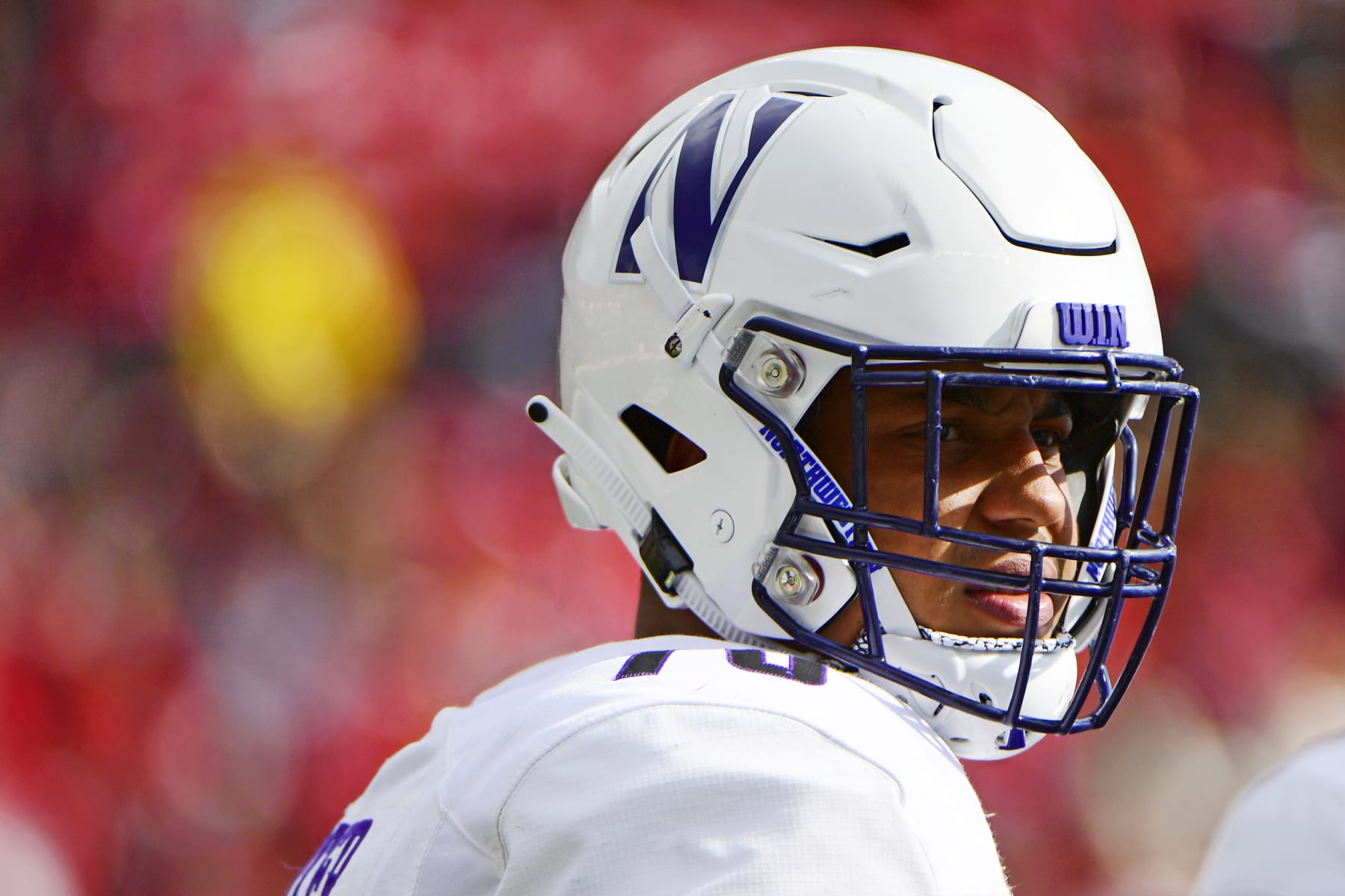 PISCATAWAY, NJ - OCTOBER 20: Rashawn Slater #70 of the Northwestern Wildcats looks on during a timeout against the Rutgers Scarlet Knights during the third quarter on October 20, 2018 in Piscataway, New Jersey. Northwestern won 18-15. (Photo by Corey Perrine/Getty Images)
