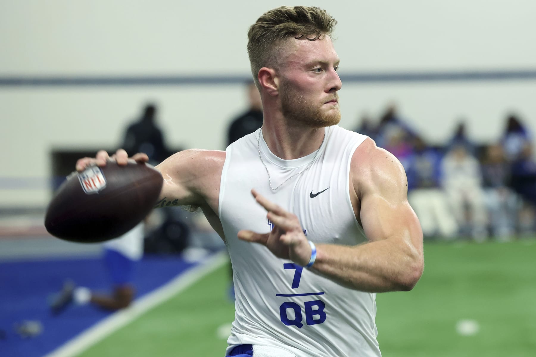 Kentucky's Will Levis throws a pass during the NCAA college football team's NFL Pro Day in Lexington, Ky., Friday, March 24, 2023. (AP Photo/James Crisp)