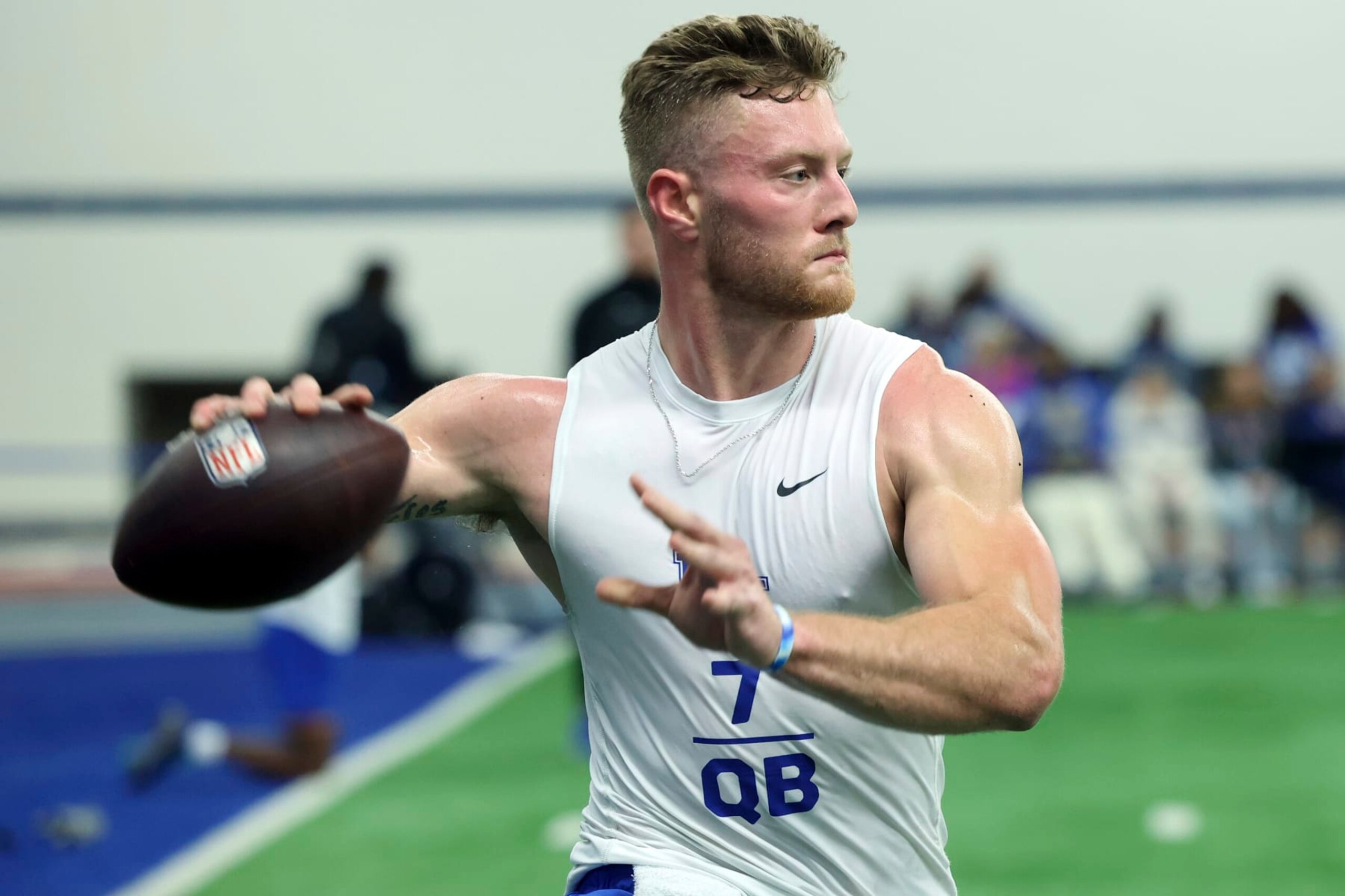 Kentucky's Will Levis throws a pass during the NCAA college football team's NFL Pro Day in Lexington, Ky., Friday, March 24, 2023. (AP Photo/James Crisp)
