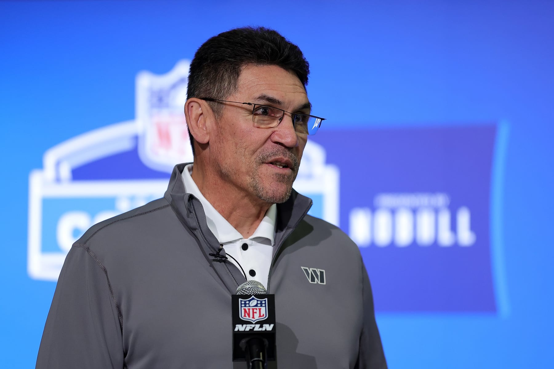 INDIANAPOLIS, INDIANA - FEBRUARY 28: Head coach Ron Rivera of the Washington Commanders speaks to the media during the NFL Combine at the Indiana Convention Center on February 28, 2023 in Indianapolis, Indiana. (Photo by Stacy Revere/Getty Images)