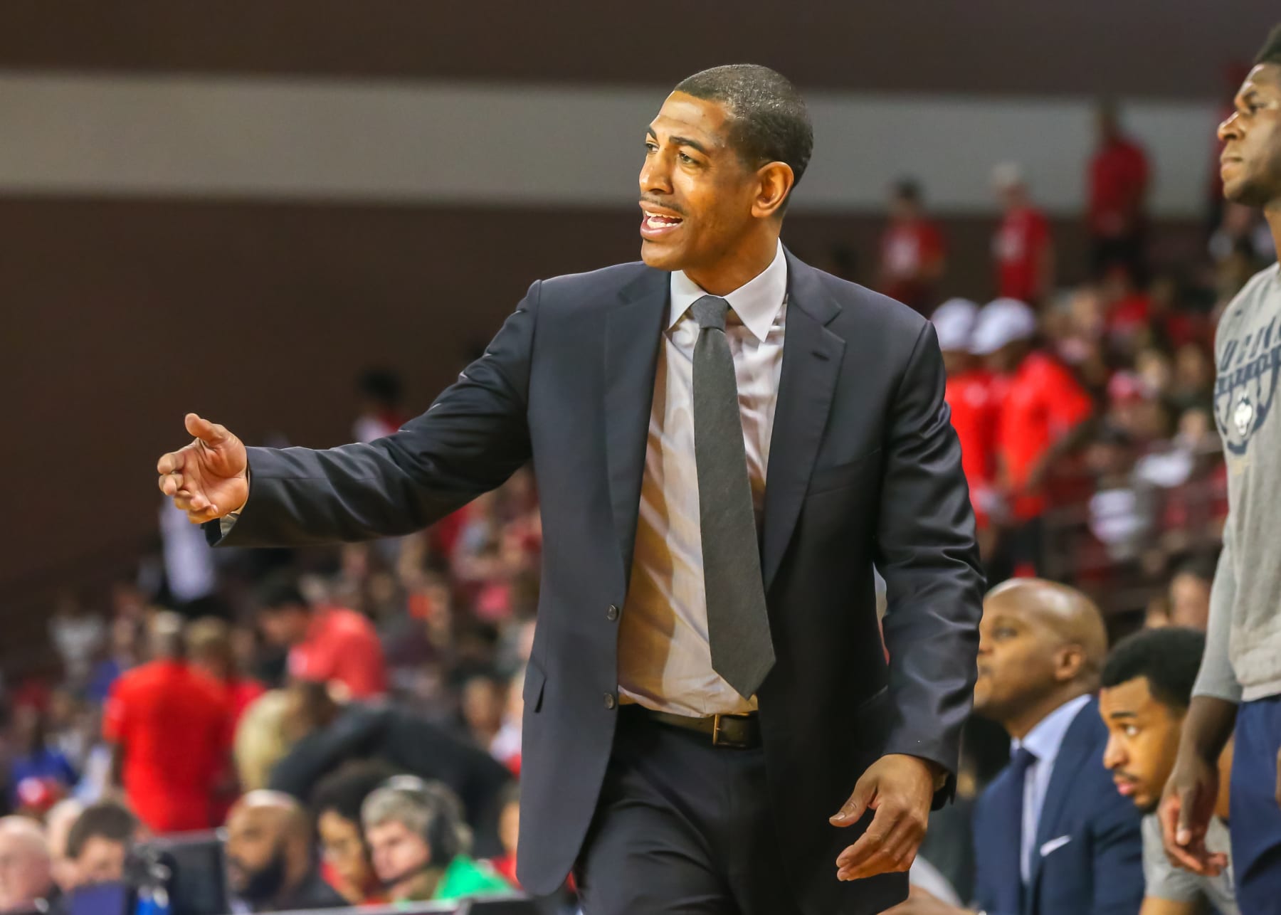 HOUSTON, TX - MARCH 04:  Connecticut Huskies head coach Kevin Ollie reacts to a call by the referee during the men's basketball game between the UConn Huskies and Houston Cougars on March 4, 2018 at H&PE Arena in Houston, Texas.  (Photo by Leslie Plaza Johnson/Icon Sportswire via Getty Images)