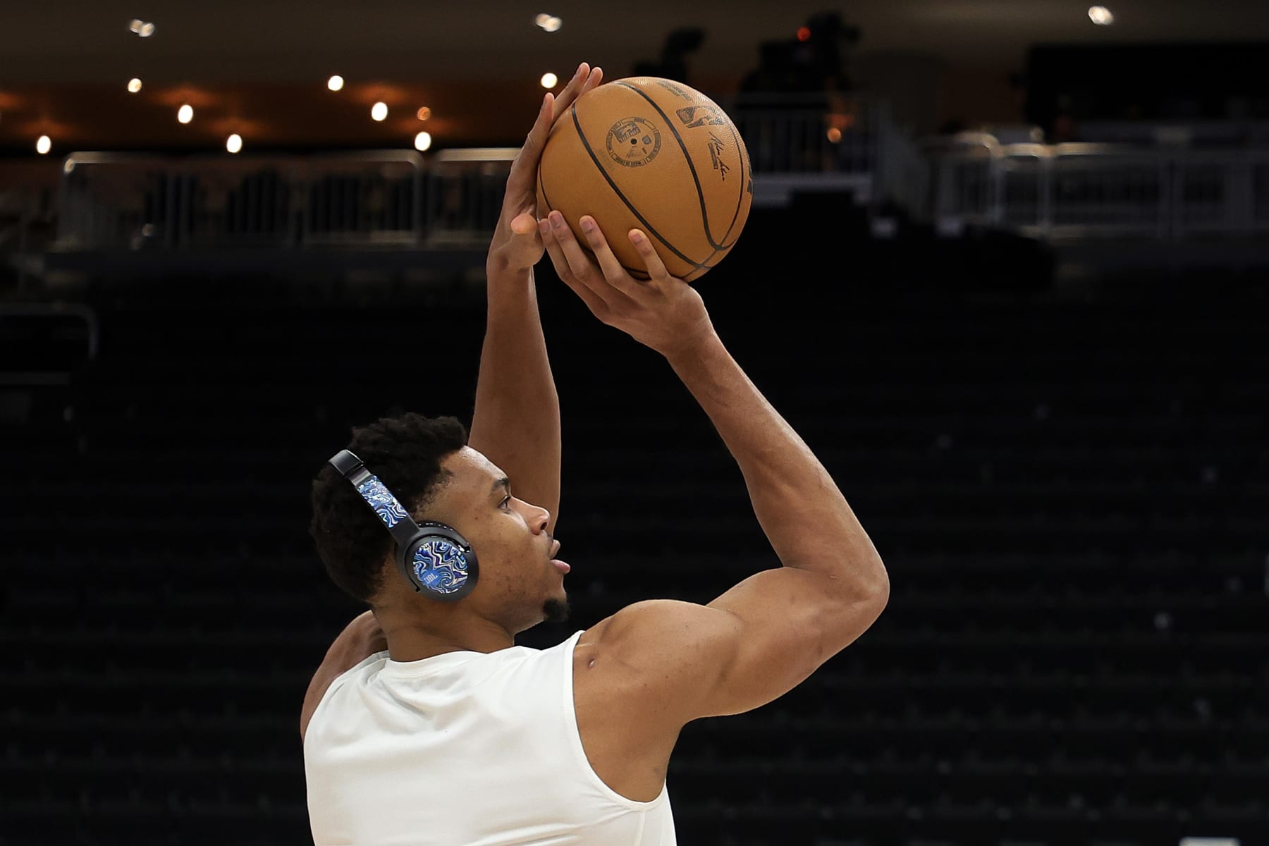 MILWAUKEE, WISCONSIN - APRIL 16: Giannis Antetokounmpo #34 of the Milwaukee Bucks participates in warmups prior to Game One of the Eastern Conference First Round Playoffs between the Milwaukee Bucks and the Miami Heat at Fiserv Forum on April 16, 2023 in Milwaukee, Wisconsin. NOTE TO USER: User expressly acknowledges and agrees that, by downloading and or using this photograph, User is consenting to the terms and conditions of the Getty Images License Agreement. (Photo by Stacy Revere/Getty Images)