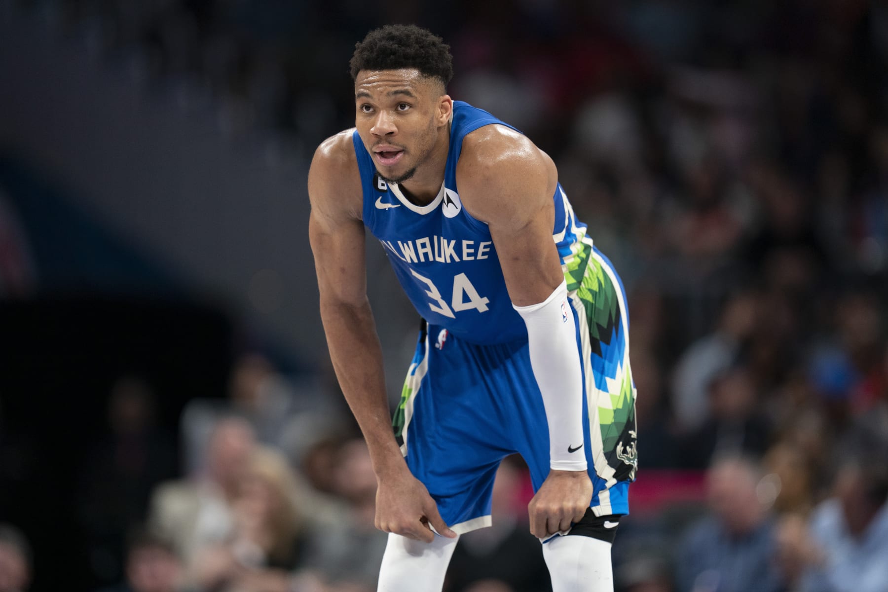 Milwaukee Bucks forward Giannis Antetokounmpo (34) looks on during the first half of an NBA basketball game against the Washington Wizards, Tuesday, April 4, 2023, in Washington. (AP Photo/Jess Rapfogel)