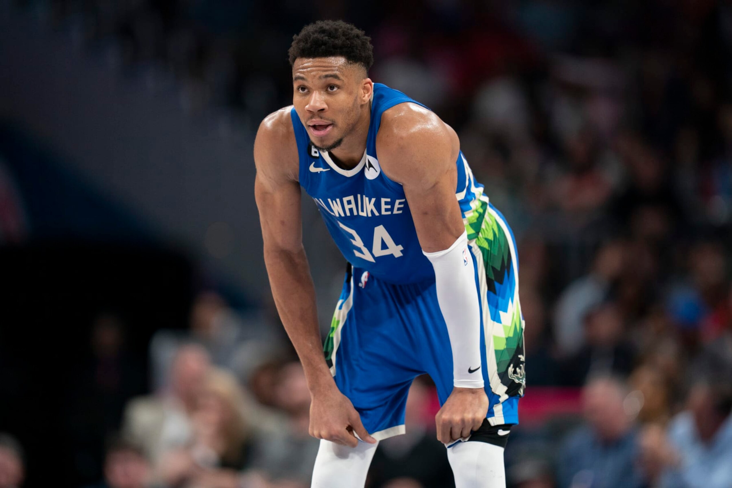 Milwaukee Bucks forward Giannis Antetokounmpo (34) looks on during the first half of an NBA basketball game against the Washington Wizards, Tuesday, April 4, 2023, in Washington. (AP Photo/Jess Rapfogel)
