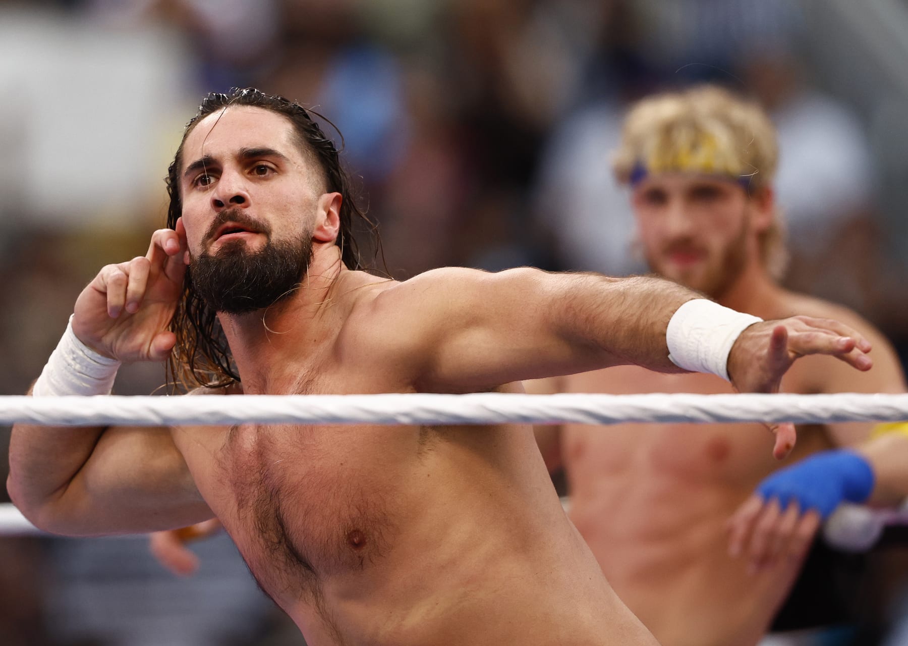 INGLEWOOD, CALIFORNIA - APRIL 01:  Seth Rollins during WrestleMania Goes Hollywood at SoFi Stadium on April 01, 2023 in Inglewood, California. (Photo by Ronald Martinez/Getty Images)