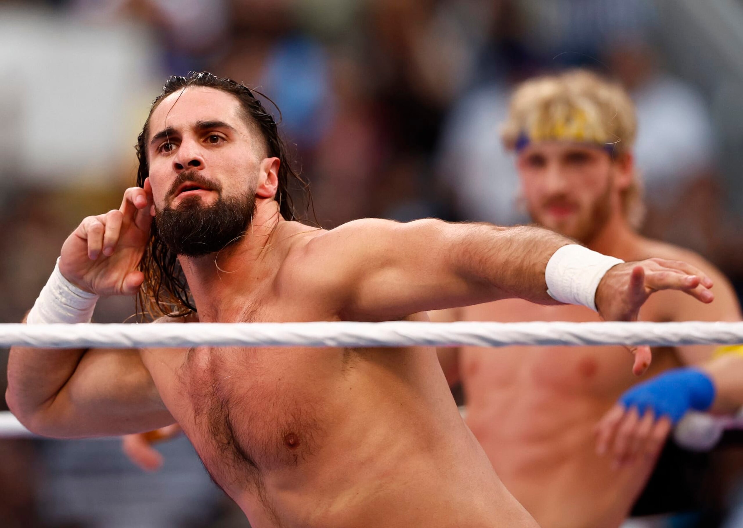 INGLEWOOD, CALIFORNIA - APRIL 01:  Seth Rollins during WrestleMania Goes Hollywood at SoFi Stadium on April 01, 2023 in Inglewood, California. (Photo by Ronald Martinez/Getty Images)