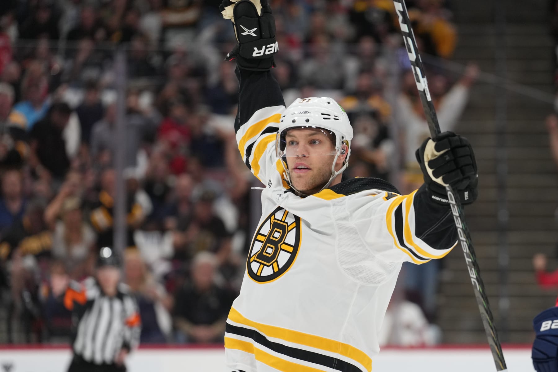 SUNRISE, FL - APRIL 21: Boston Bruins left wing Taylor Hall (71) celebrates after his goal in the first period during game three of  the first round of the Eastern Conference Playoffs between the Boston Bruins and the Florida Panthers on Friday, April 21, 2023 at FLA Live Arena in Sunrise, Fla  (Photo by Peter Joneleit/Icon Sportswire via Getty Images)