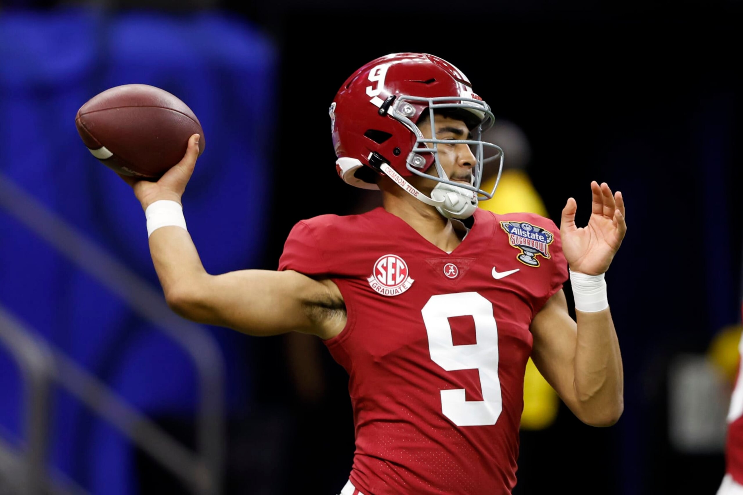 Alabama quarterback Bryce Young warms up before the start of the Sugar Bowl NCAA college football game against Kansas State Saturday, Dec. 31, 2022, in New Orleans. (AP Photo/Butch Dill)