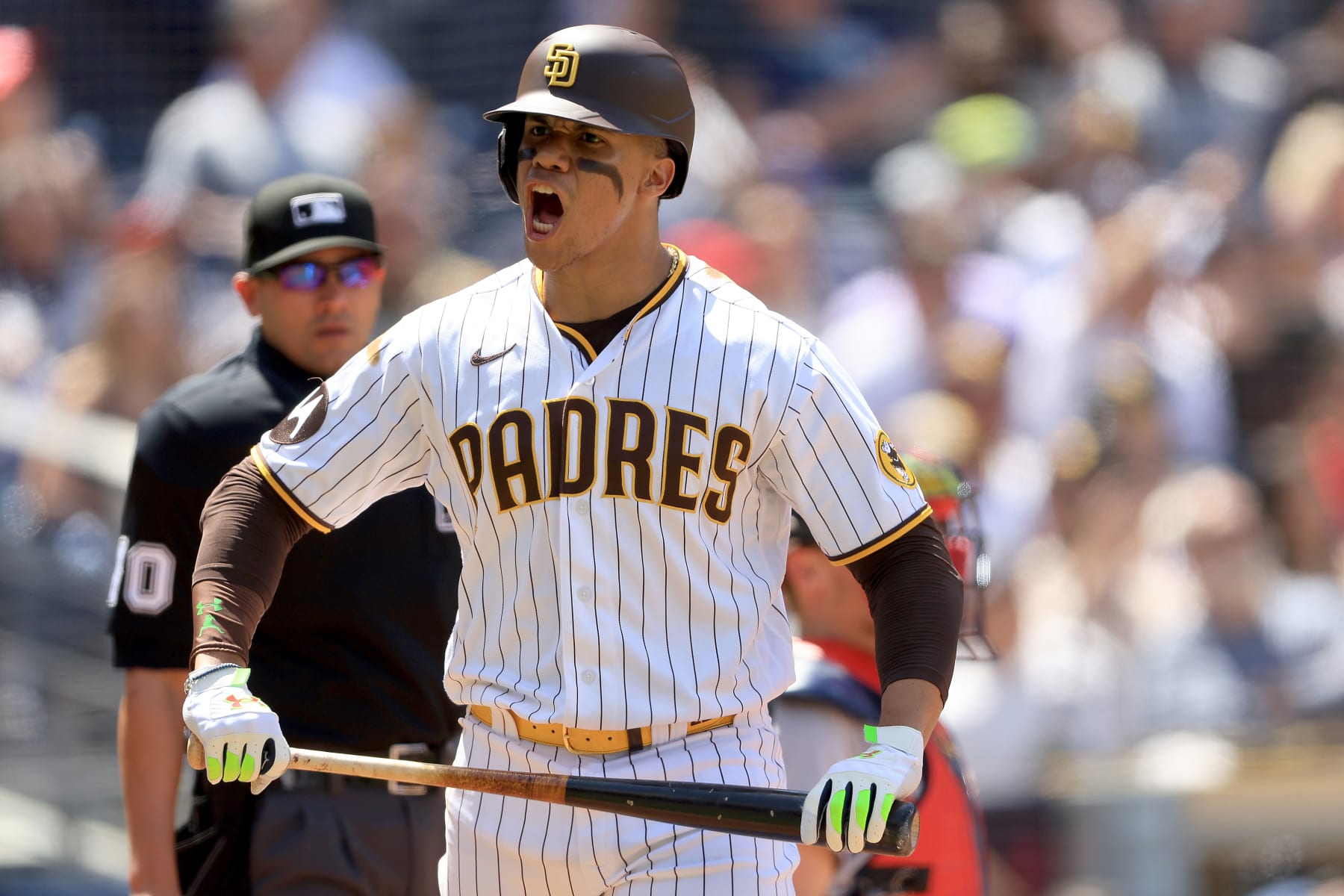 SAN DIEGO, CALIFORNIA - APRIL 19: Juan Soto #22 of the San Diego Padres reacts after a solo homerun during the fourth inning of a game against the Atlanta Braves at PETCO Park on April 19, 2023 in San Diego, California. (Photo by Sean M. Haffey/Getty Images)