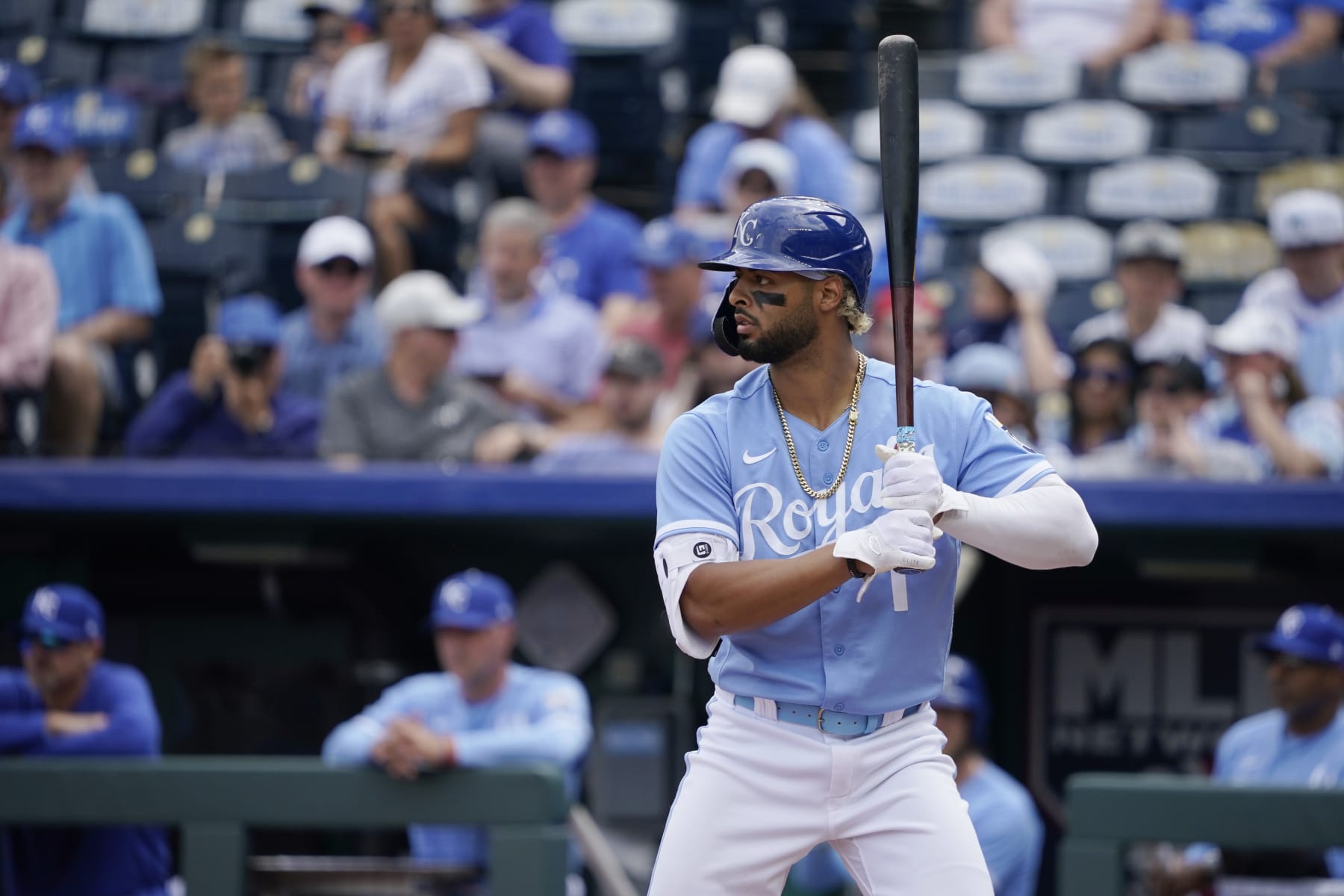 KANSAS CITY, MISSOURI - APRIL 19:  MJ Melendez #1 of the Kansas City Royals bats against the Texas Rangers at Kauffman Stadium on April 19, 2023 in Kansas City, Missouri. (Photo by Ed Zurga/Getty Images)