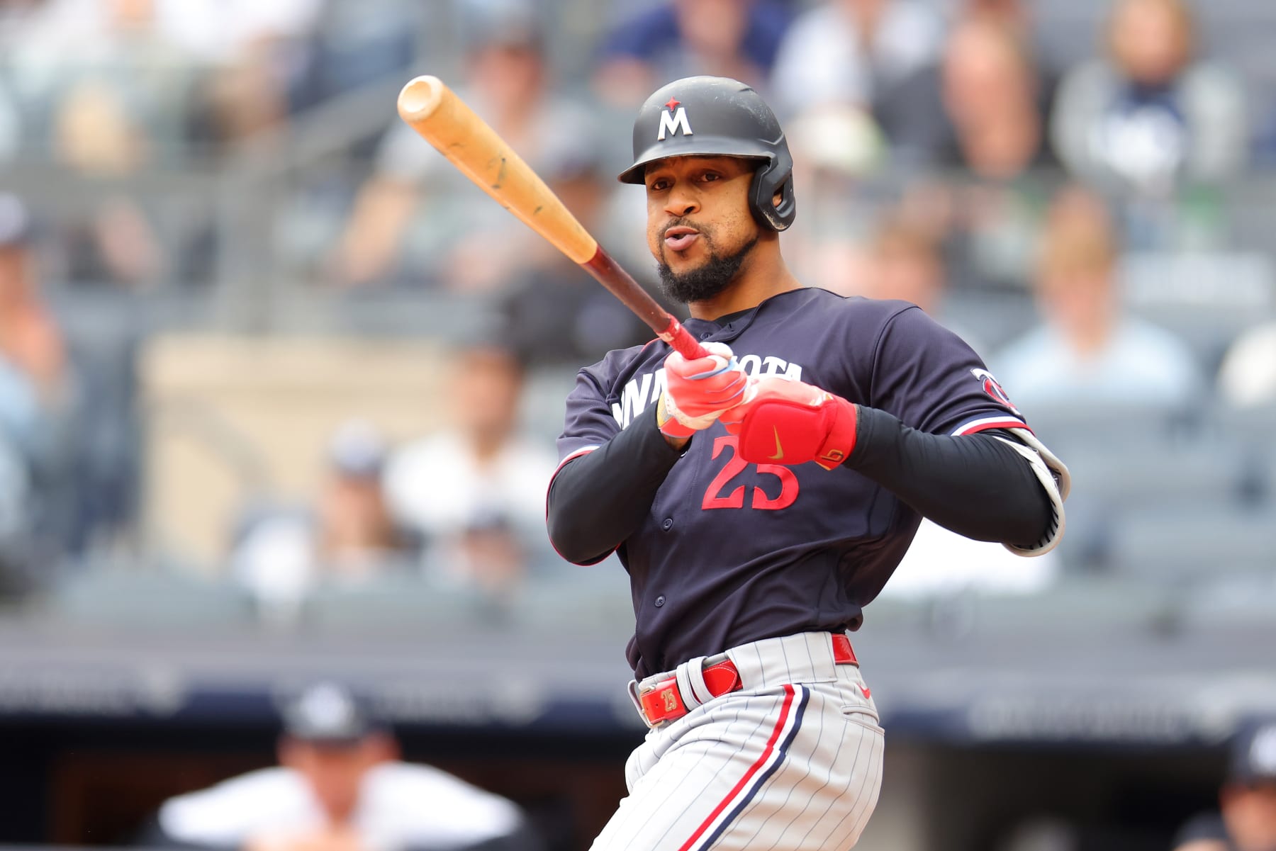 BRONX, NEW YORK - APRIL 16: Byron Buxton #25 of the Minnesota Twins in action against the New York Yankees at Yankee Stadium on April 16, 2023 in Bronx, New York. New York Yankees defeated the Minnesota Twins 2-0. (Photo by Mike Stobe/Getty Images)