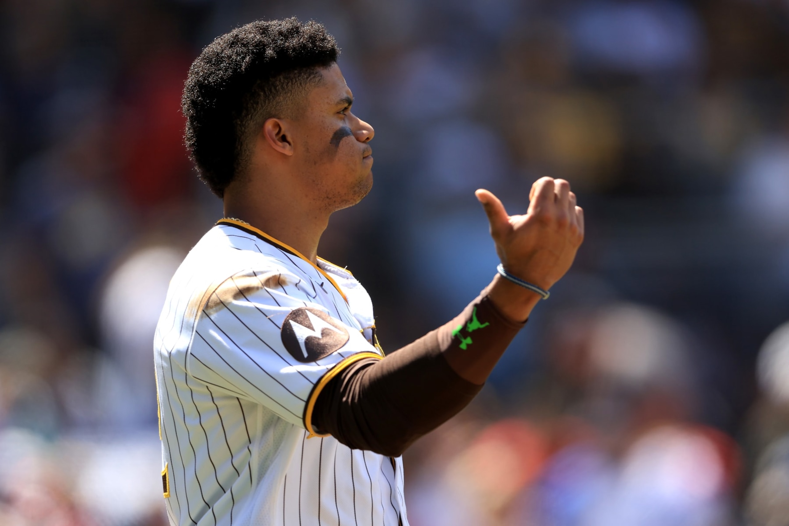 SAN DIEGO, CALIFORNIA - APRIL 19: Juan Soto #22 of the San Diego Padres reacts after striking out during the fifth inning of a game against the Atlanta Braves at PETCO Park on April 19, 2023 in San Diego, California. (Photo by Sean M. Haffey/Getty Images)