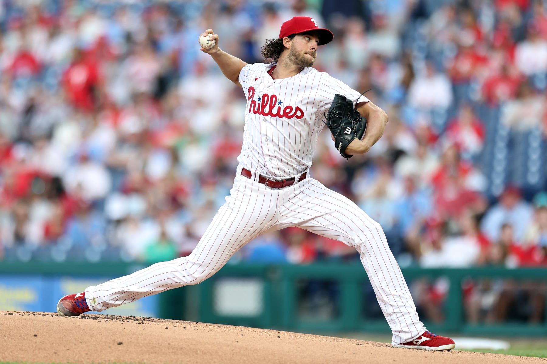 PHILADELPHIA, PENNSYLVANIA - APRIL 21: Aaron Nola #27 of the Philadelphia Phillies pitches during the first inning against the Colorado Rockies at Citizens Bank Park on April 21, 2023 in Philadelphia, Pennsylvania. (Photo by Tim Nwachukwu/Getty Images)