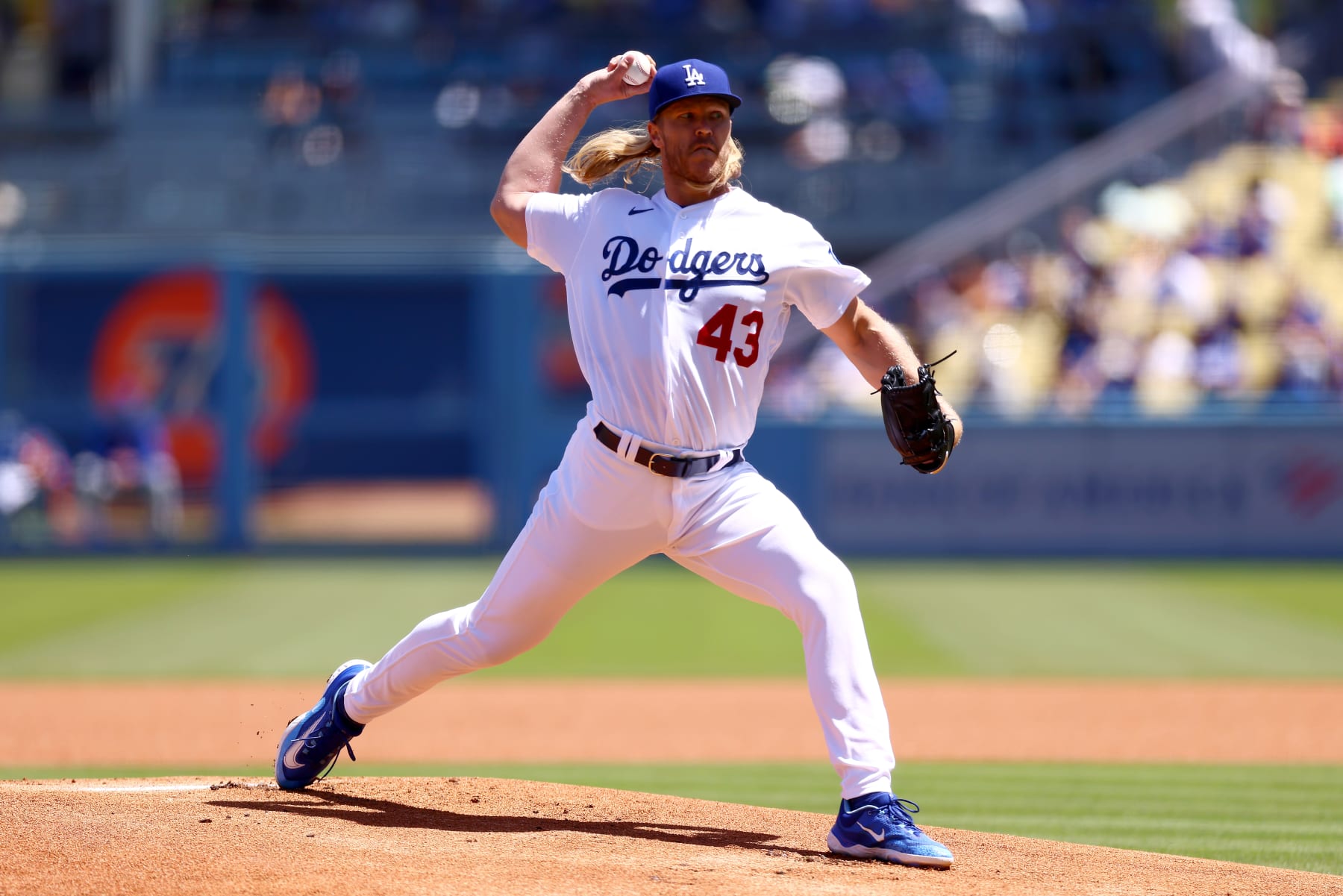 LOS ANGELES, CALIFORNIA - APRIL 19: Noah Syndergaard #43 of the Los Angeles Dodgers throws a pitch during the first inning against the New York Mets at Dodger Stadium on April 19, 2023 in Los Angeles, California. (Photo by Katelyn Mulcahy/Getty Images)