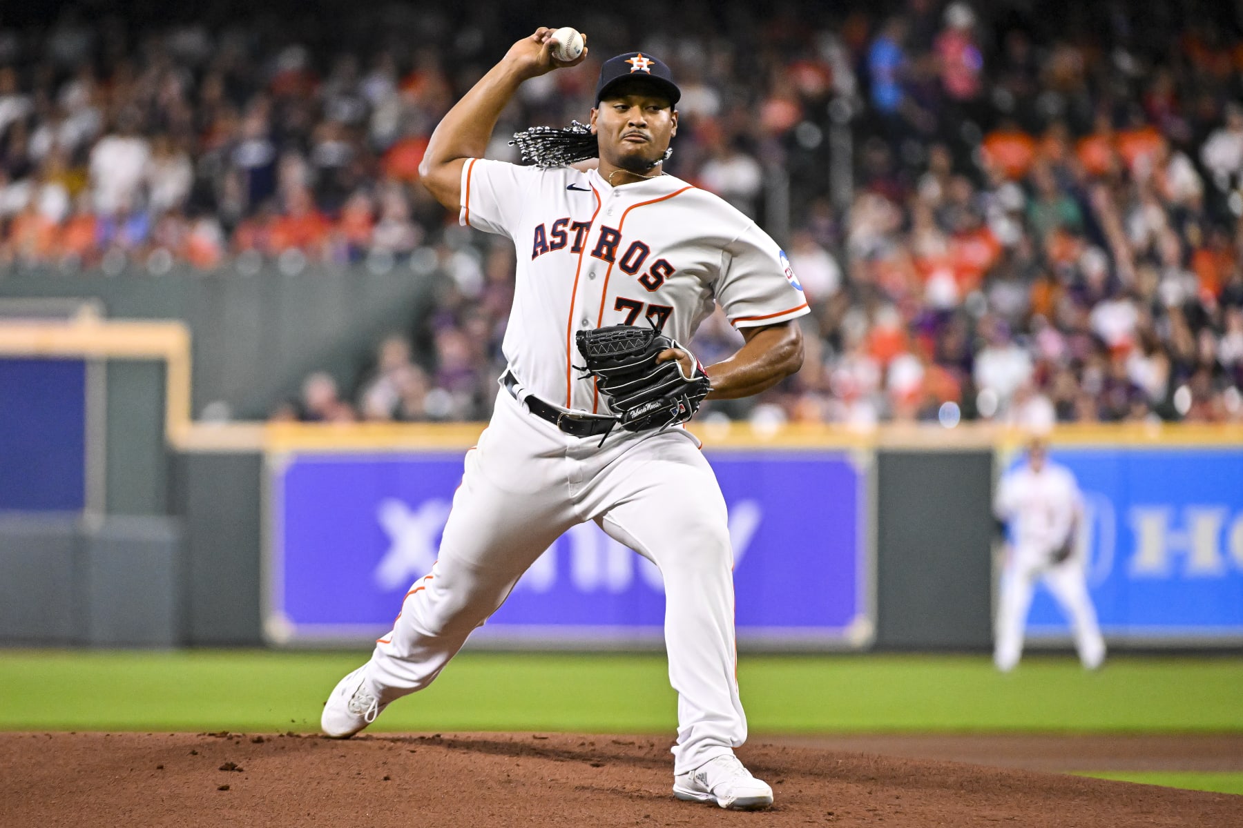 HOUSTON, TEXAS - APRIL 19: Luis Garcia #77 of the Houston Astros pitches in the first inning against the Toronto Blue Jays at Minute Maid Park on April 19, 2023 in Houston, Texas. (Photo by Logan Riely/Getty Images)