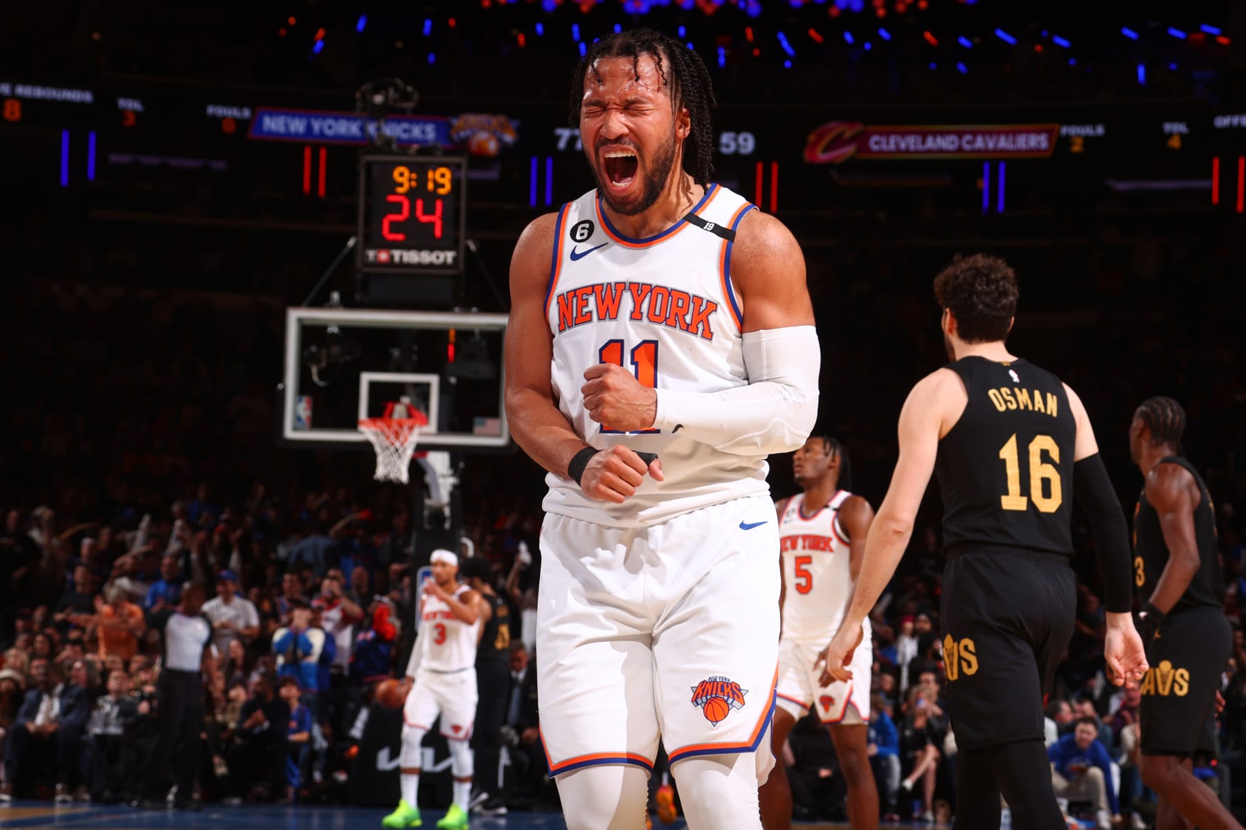 NEW YORK, NY - APRIL 21: Jalen Brunson #11 of the New York Knicks celebrates during Round One Game Three of the 2023 NBA Playoffs against the Cleveland Cavaliers on April 21, 2023 at Madison Square Garden in New York City, New York.  NOTE TO USER: User expressly acknowledges and agrees that, by downloading and or using this photograph, User is consenting to the terms and conditions of the Getty Images License Agreement. Mandatory Copyright Notice: Copyright 2023 NBAE  (Photo by Nathaniel S. Butler/NBAE via Getty Images)