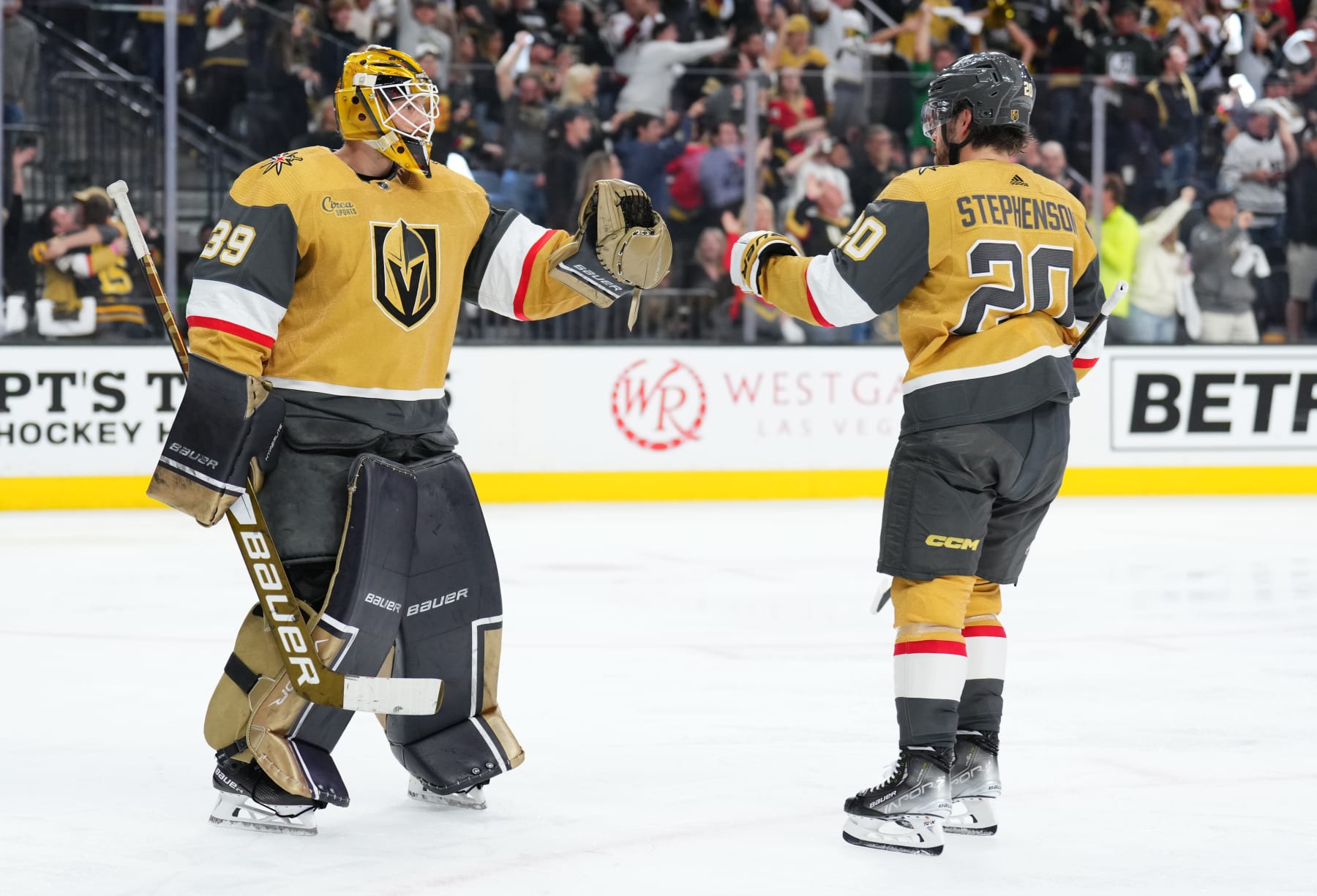 LAS VEGAS, NEVADA - APRIL 20: Chandler Stephenson #20 of the Vegas Golden Knights celebrates with Laurent Brossoit #39 after a goal during the third period against the Winnipeg Jets in Game Two of the First Round of the 2023 Stanley Cup Playoffs at T-Mobile Arena on April 20, 2023 in Las Vegas, Nevada. (Photo by Chris Unger/Getty Images)