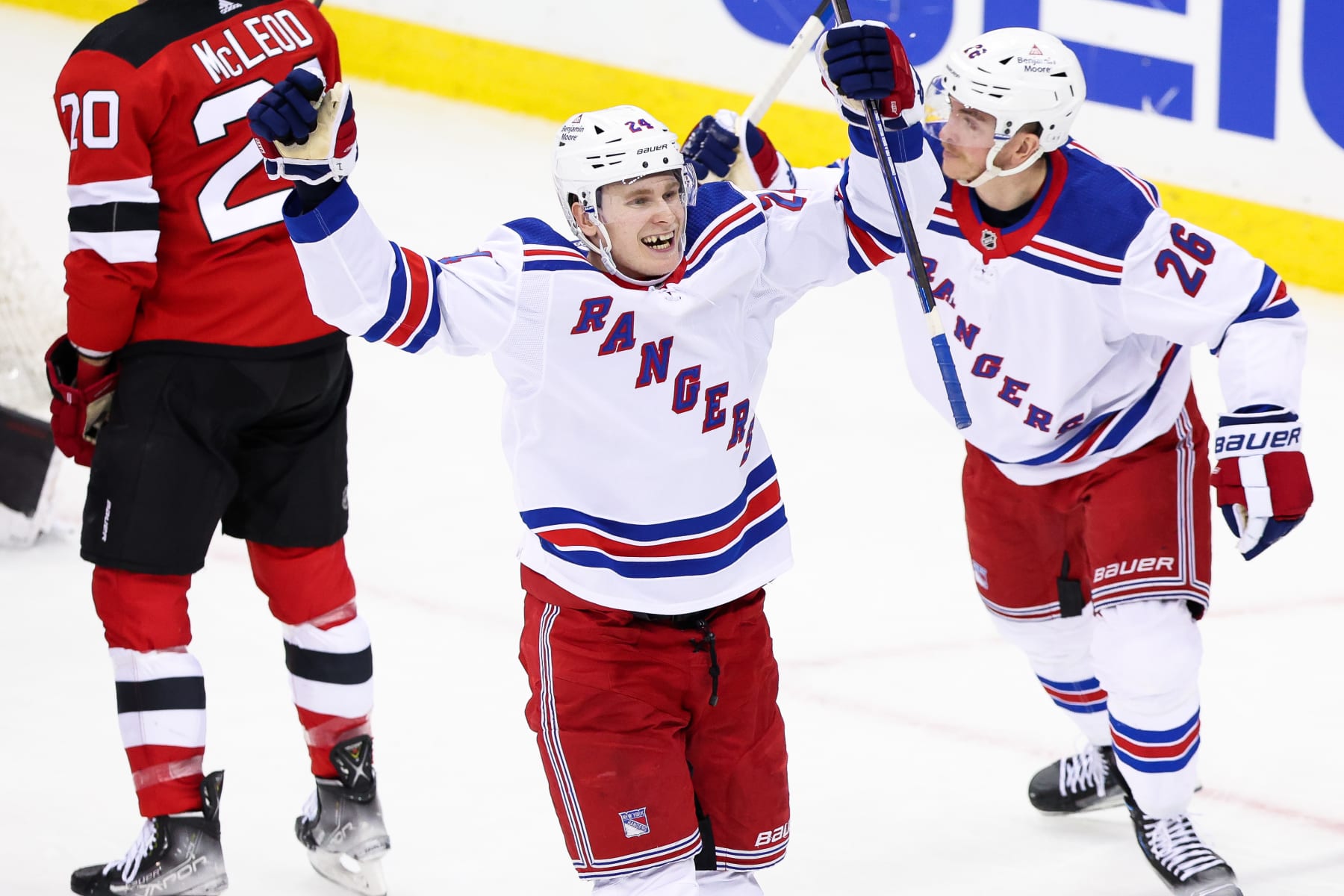 NEWARK, NJ - APRIL 20: New York Rangers right wing Kaapo Kakko (24) celebrates after scoring a goal during the National Hockey League game between the New York Rangers and the New Jersey Devils on April 20, 2023 at Prudential Center in Newark, NJ. (Photo by Andrew Mordzynski/Icon Sportswire via Getty Images)
