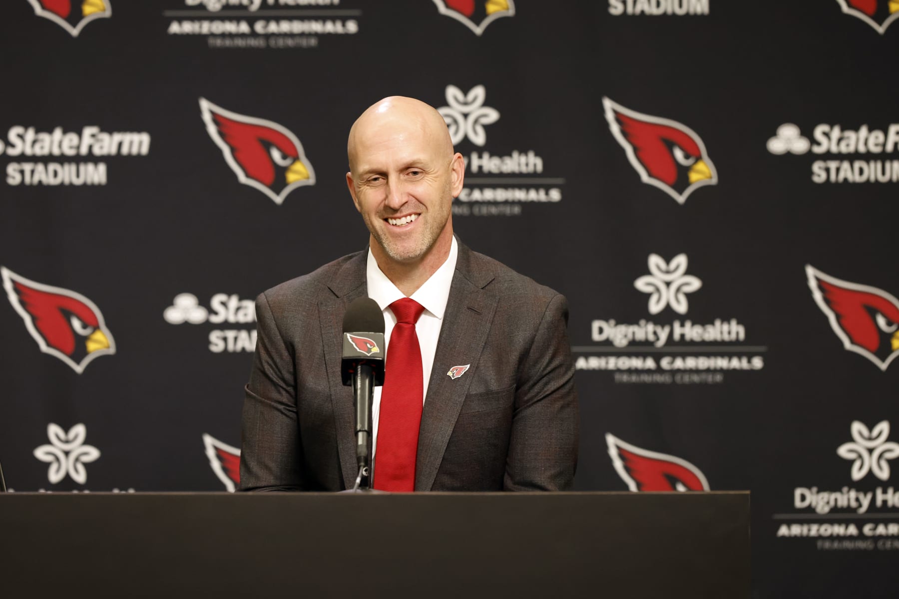 TEMPE, ARIZONA - FEBRUARY 16: General manager Monti Ossenfort of the Arizona Cardinals answers a question from the media during a press conference introducing new head coach Jonathan Gannon at Dignity Health Arizona Cardinals Training Center on February 16, 2023 in Tempe, Arizona. (Photo by Chris Coduto/Getty Images)