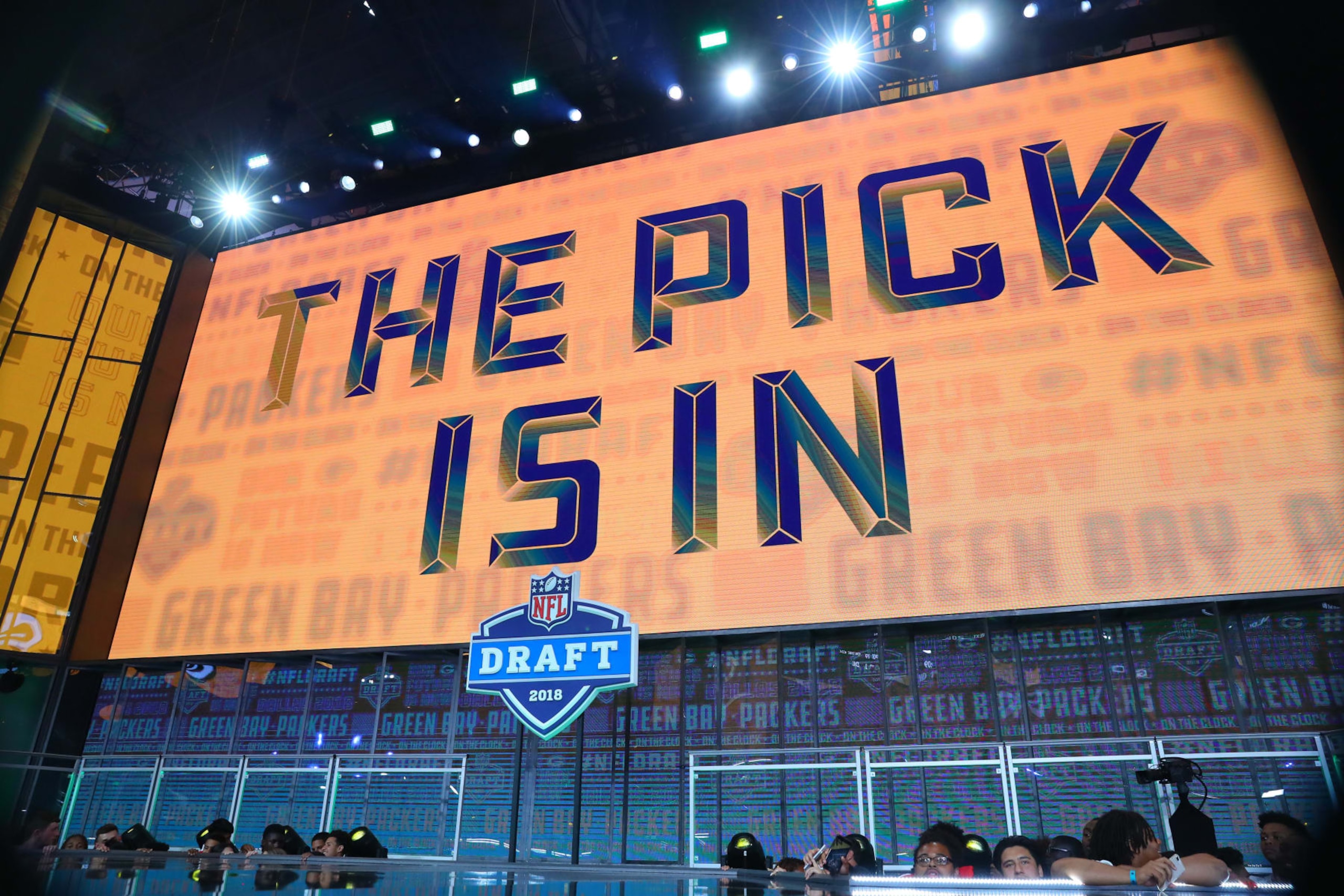 ARLINGTON, TX - APRIL 26: The Pick is In logo on the video board during the first round at the 2018 NFL Draft at AT&T Stadium on April 26, 2018 at AT&T Stadium in Arlington Texas. (Photo by Rich Graessle/Icon Sportswire via Getty Images)