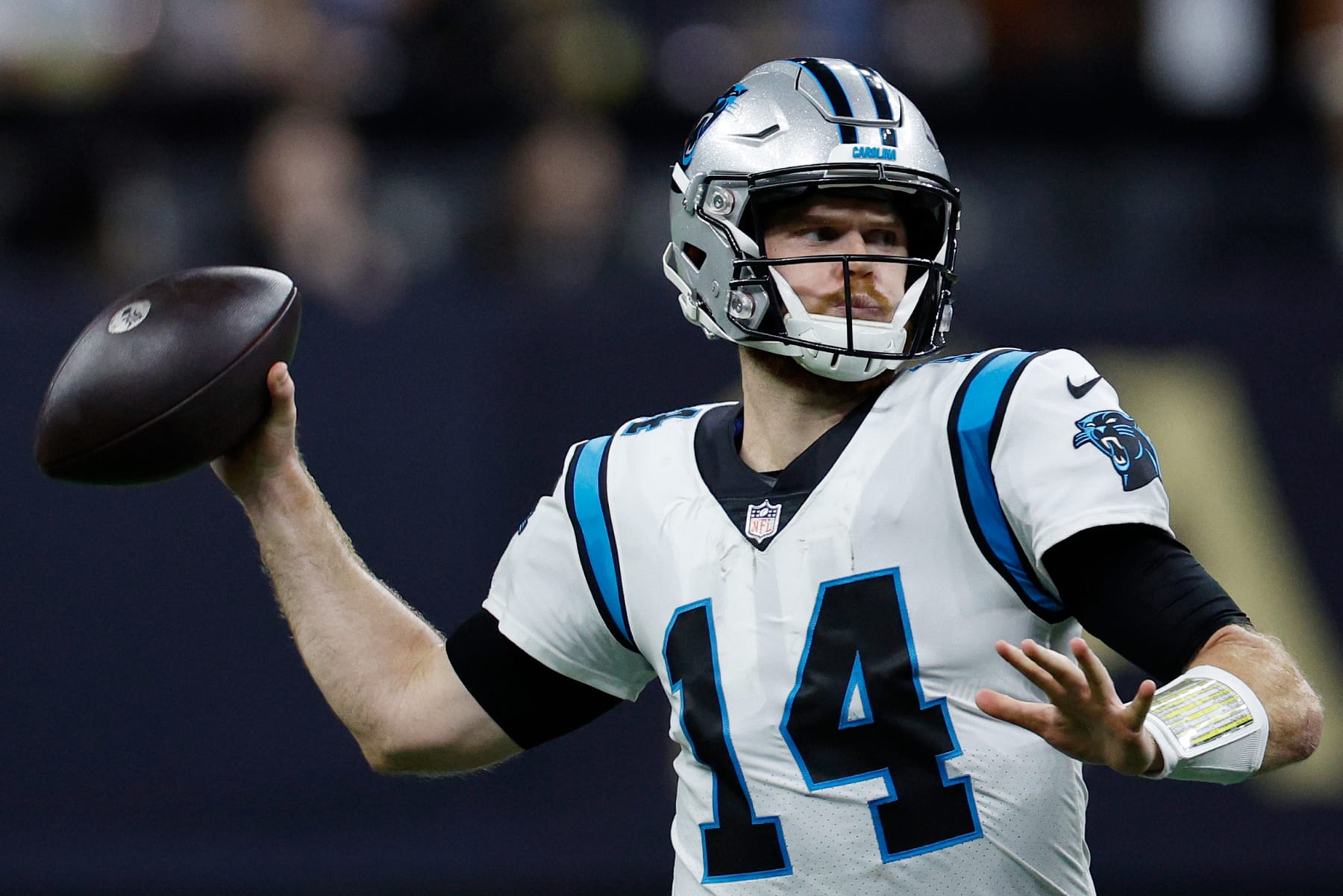 NEW ORLEANS, LOUISIANA - JANUARY 08: Sam Darnold #14 of the Carolina Panthers throws the ball during the second quarter against the New Orleans Saints at Caesars Superdome on January 08, 2023 in New Orleans, Louisiana. (Photo by Chris Graythen/Getty Images)