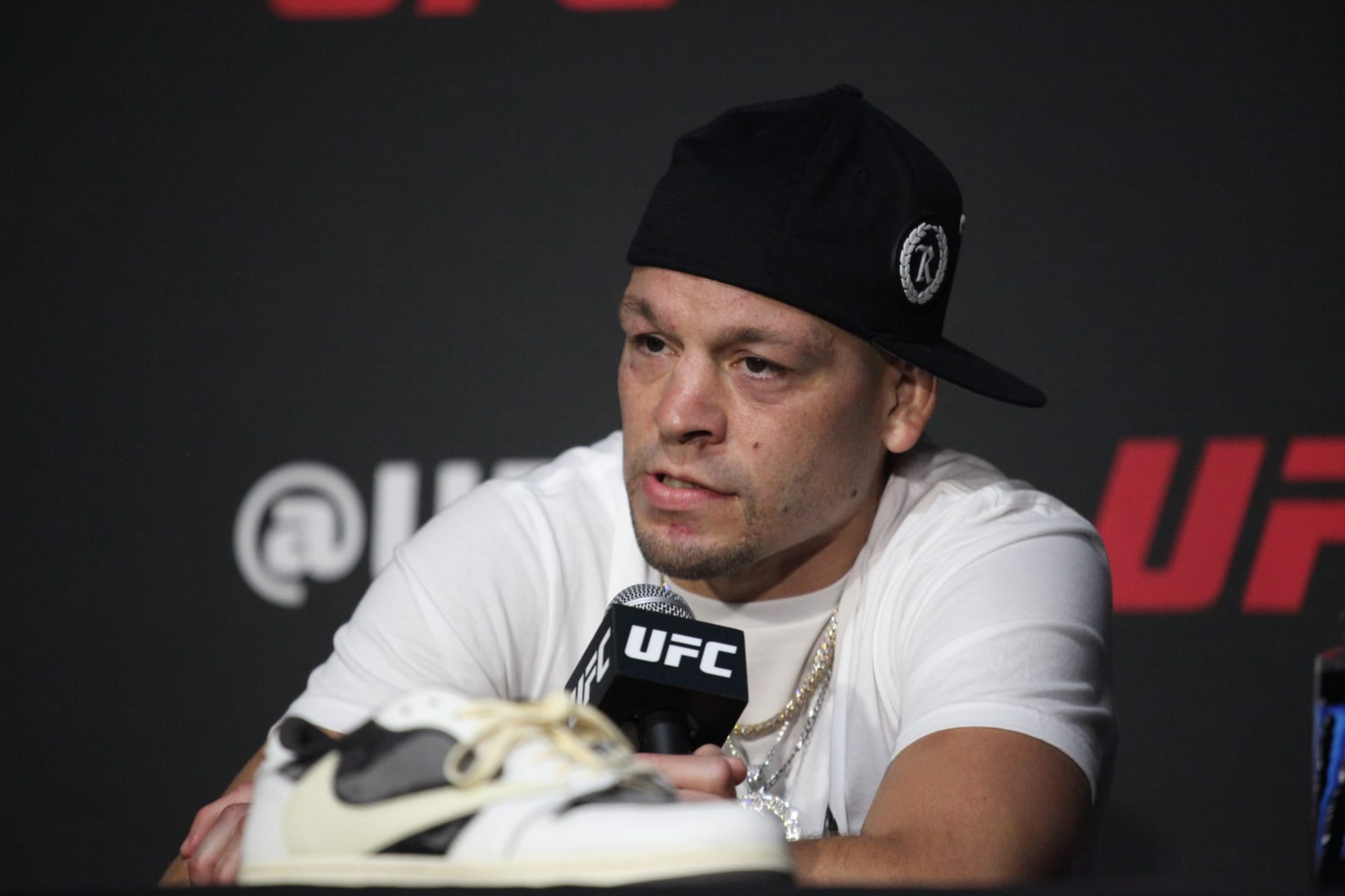 LAS VEGAS, NV - SEPTEMBER 10: Nate Diaz speaks to the media following their UFC 279 win on September 9, 2022, at the T-Mobile Arena in Las Vegas, NV. (Photo by Amy Kaplan/Icon Sportswire via Getty Images)