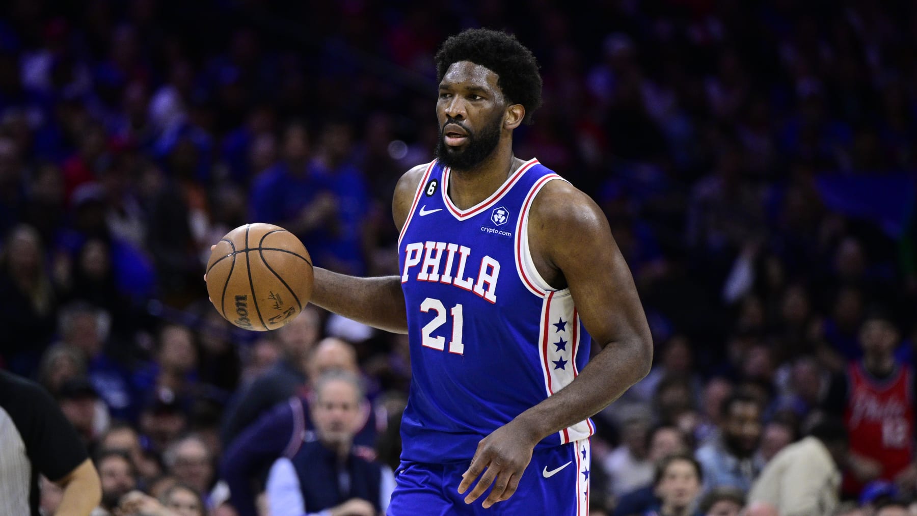 Philadelphia 76ers' Joel Embiid in action during Game 2 in the first round of the NBA basketball playoffs against the Brooklyn Nets, Monday, April 17, 2023, in Philadelphia. (AP Photo/Derik Hamilton)