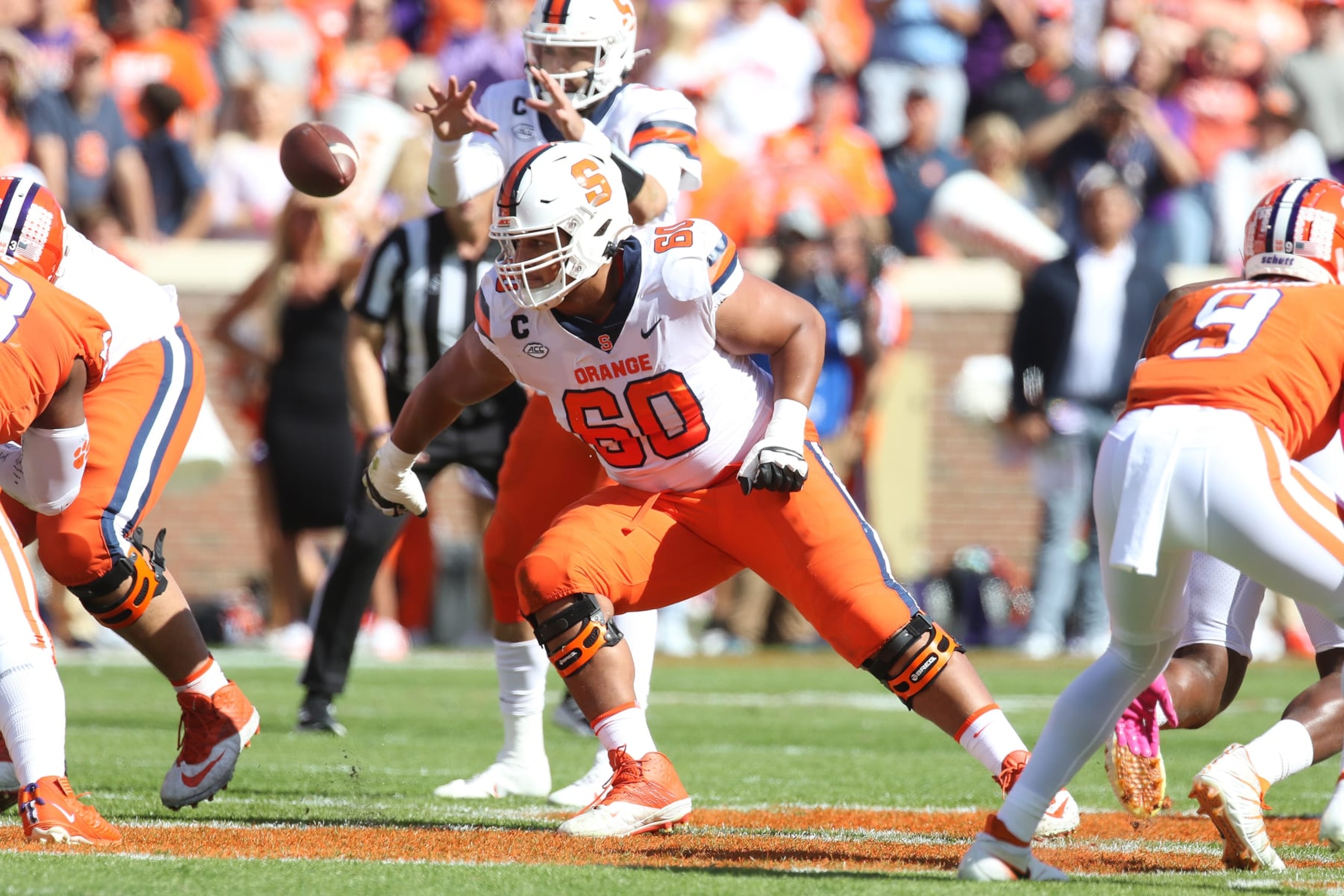 CLEMSON, SC - OCTOBER 22: Syracuse Orange offensive lineman Matthew Bergeron (60) during a college football game between the Syracuse Orange and the Clemson Tigers on October 22, 2022, at Clemson Memorial Stadium in Clemson, S.C. (Photo by John Byrum/Icon Sportswire via Getty Images) CLEMSON, SC - OCTOBER 22: Syracuse Orange offensive lineman Matthew Bergeron (60) during a college football game between the Syracuse Orange and the Clemson Tigers on October 22, 2022, at Clemson Memorial Stadium in Clemson, S.C. (Photo by John Byrum/Icon Sportswire via Getty Images)
