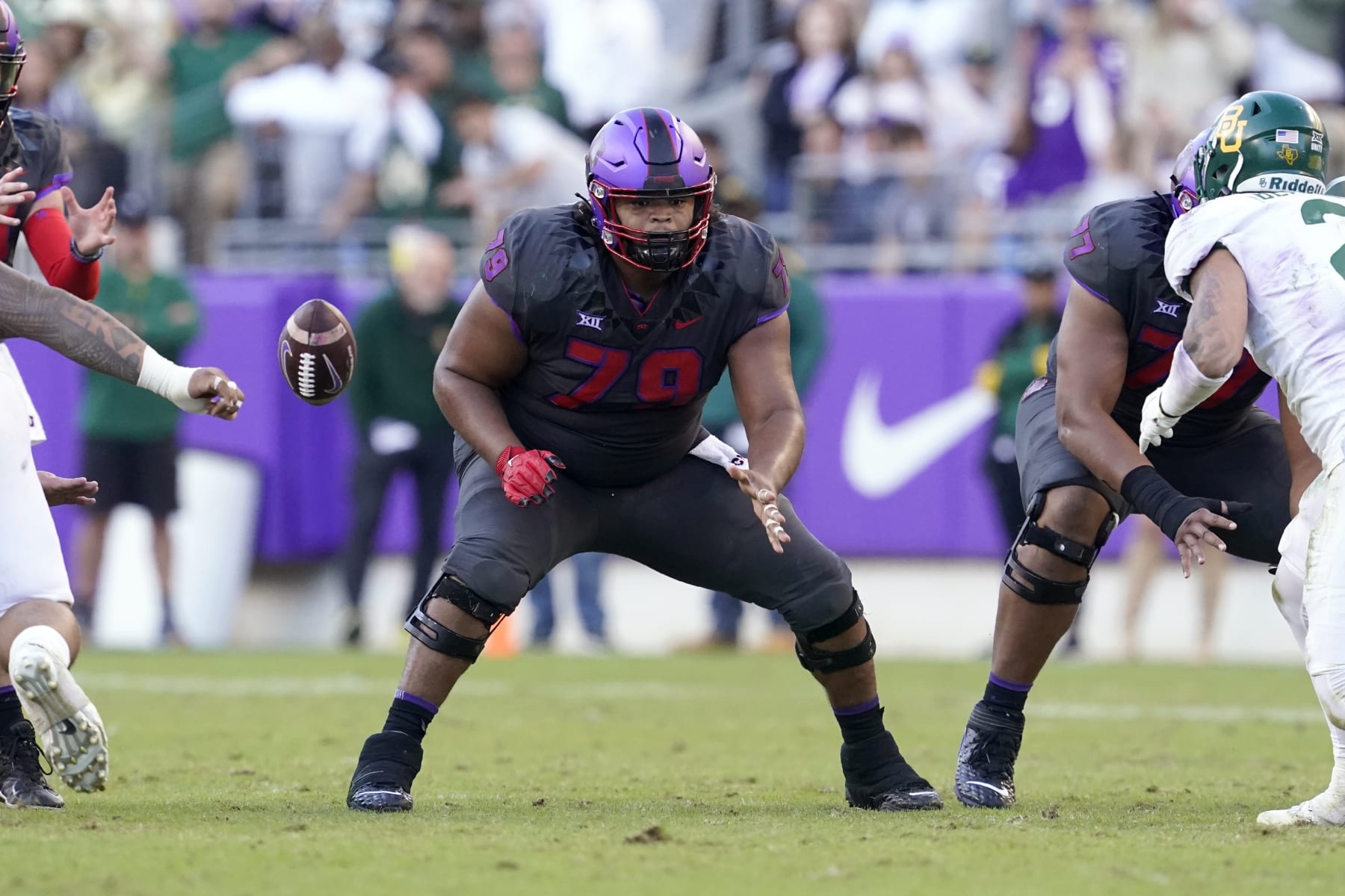TCU center Steve Avila (79) defends against a rush by Baylor during an NCAA college football game in Fort Worth, Texas, Saturday, Nov. 6, 2021. (AP Photo/Tony Gutierrez)