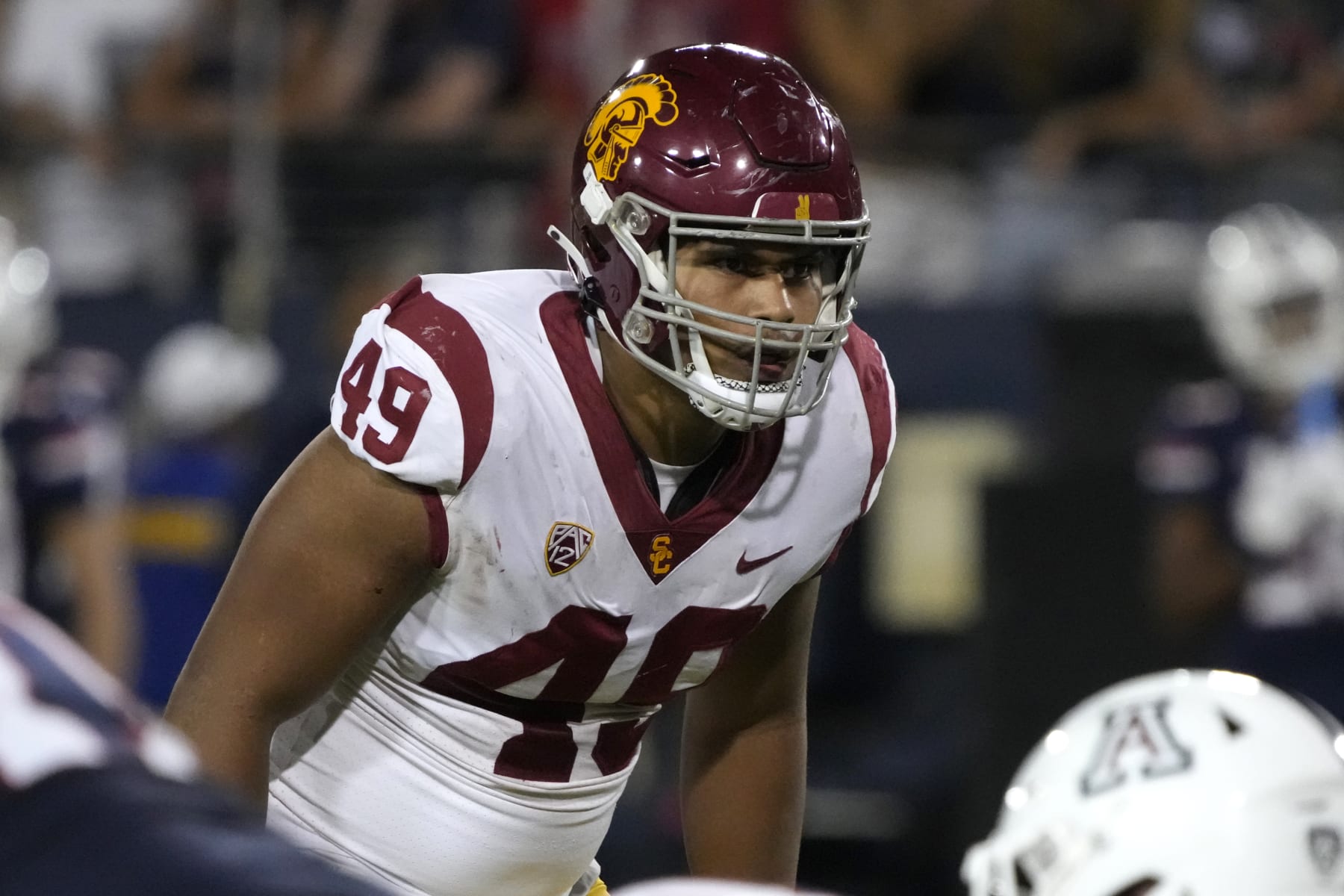 Southern California defensive lineman Tuli Tuipulotu (49) in the first half during an NCAA college football game against Arizona, Saturday, Oct. 29, 2022, in Tucson, Ariz. (AP Photo/Rick Scuteri)