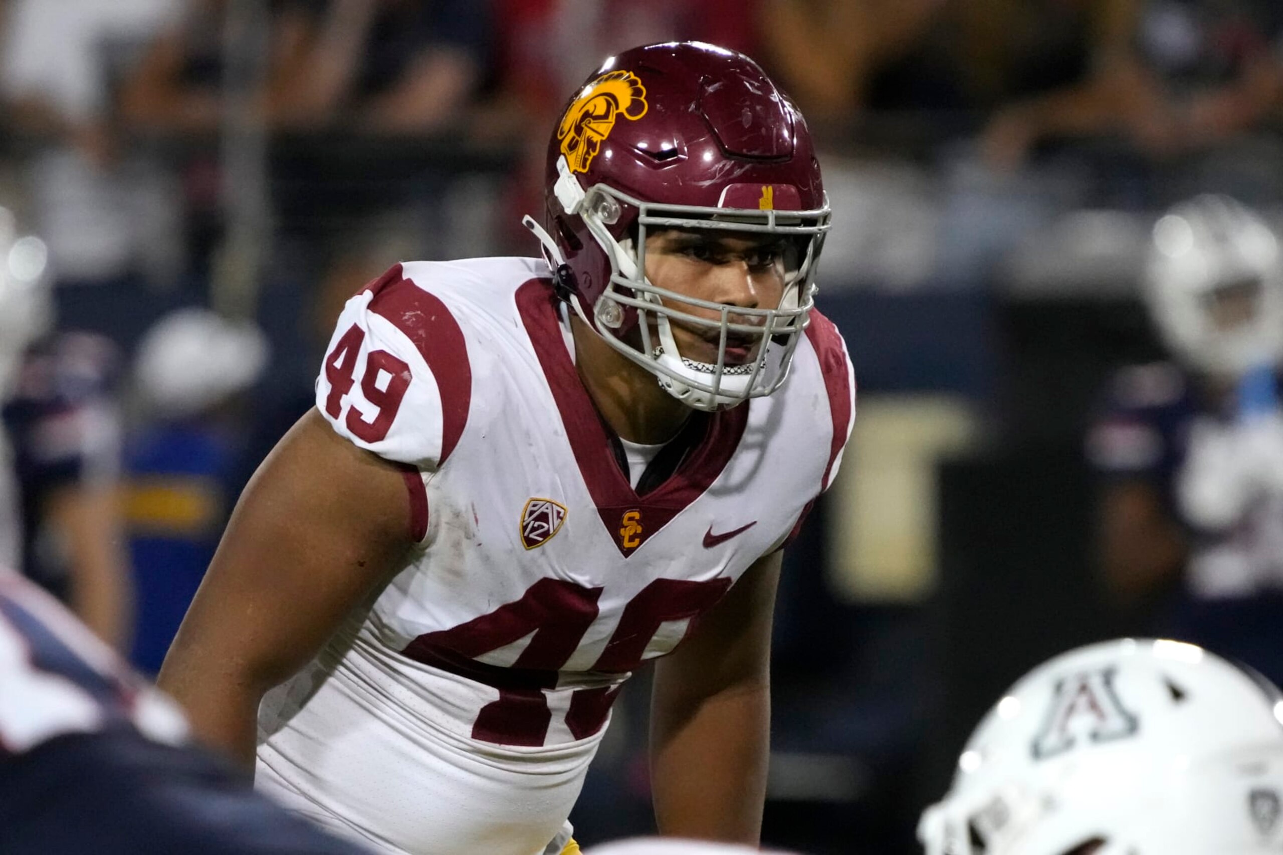 Southern California defensive lineman Tuli Tuipulotu (49) in the first half during an NCAA college football game against Arizona, Saturday, Oct. 29, 2022, in Tucson, Ariz. (AP Photo/Rick Scuteri)