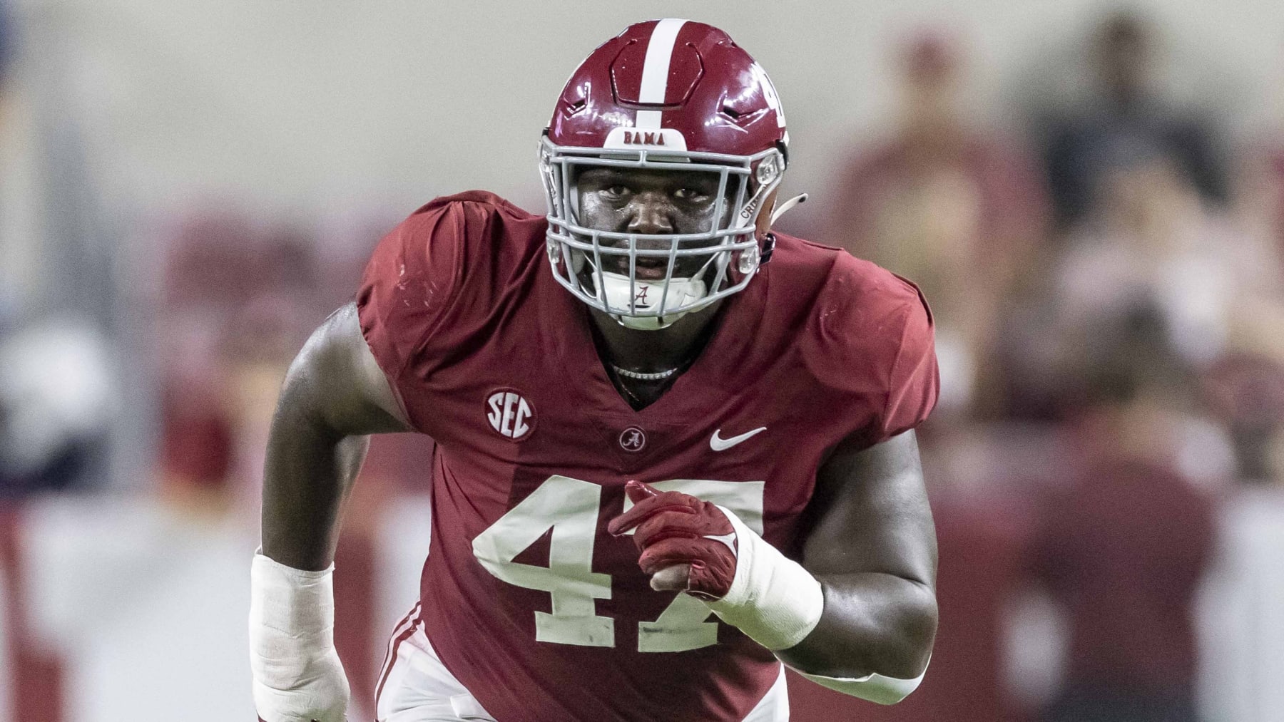 Alabama defensive lineman Byron Young (47) during the first half of an NCAA college football game, Saturday, Sept. 3, 2022, in Tuscaloosa, Ala. (AP Photo/Vasha Hunt)