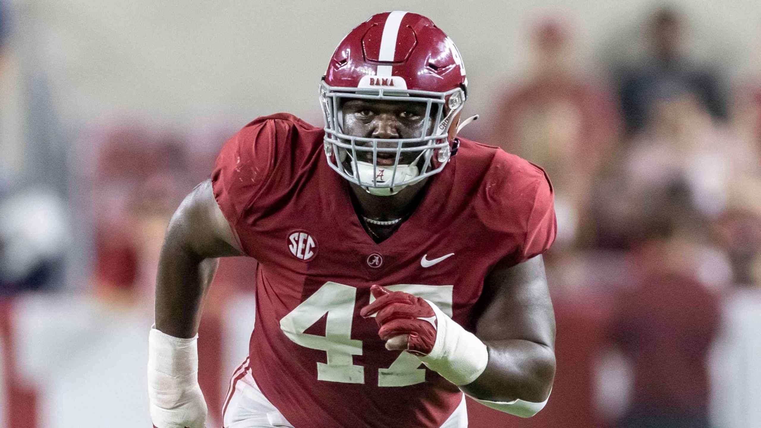 Alabama defensive lineman Byron Young (47) during the first half of an NCAA college football game, Saturday, Sept. 3, 2022, in Tuscaloosa, Ala. (AP Photo/Vasha Hunt)