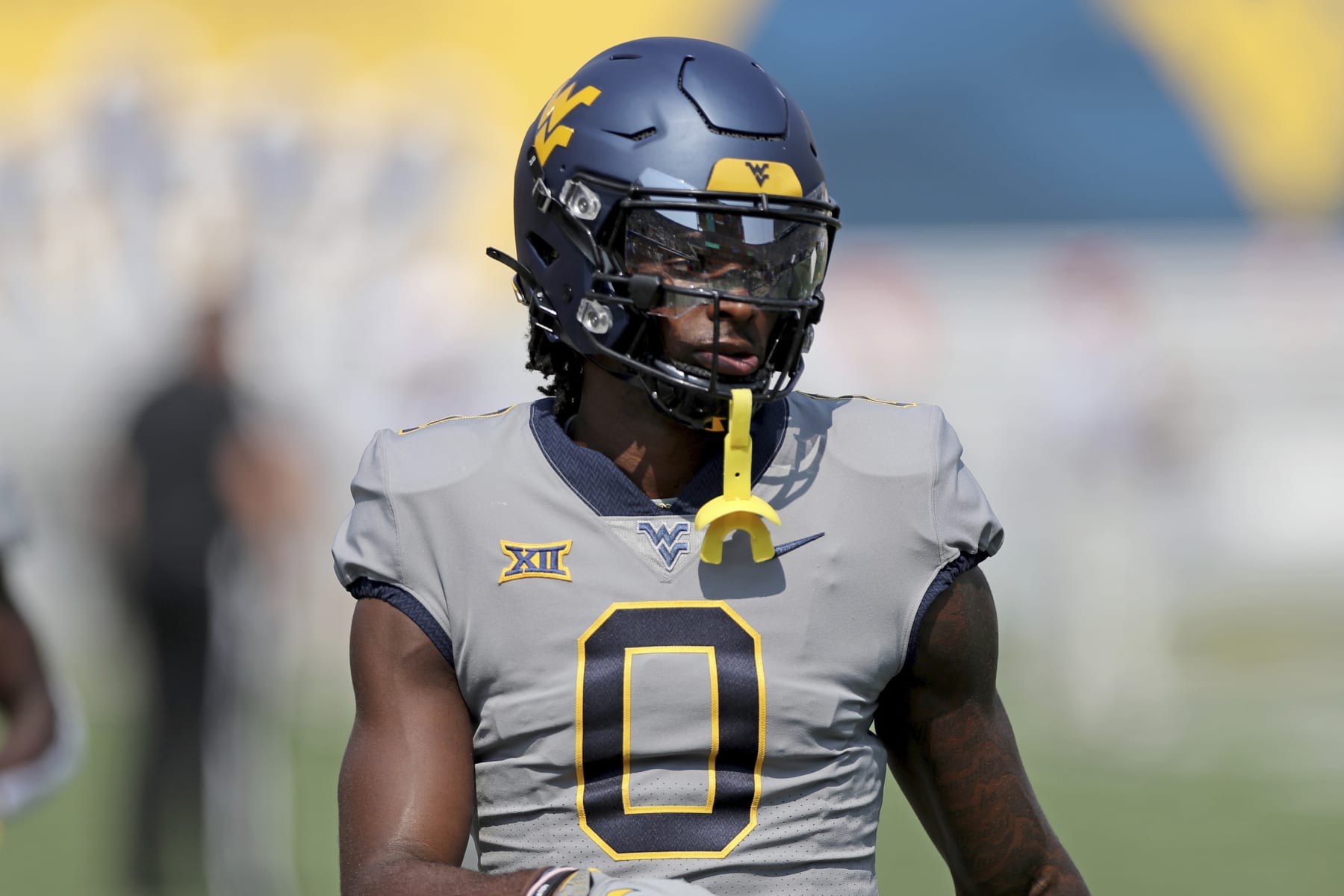 West Virginia's Bryce Ford-Wheaton #0 is seen before an NCAA football game on Saturday, Sept. 17, 2022, in Morgantown, W. Va. (AP Photo/Gregory Payan)